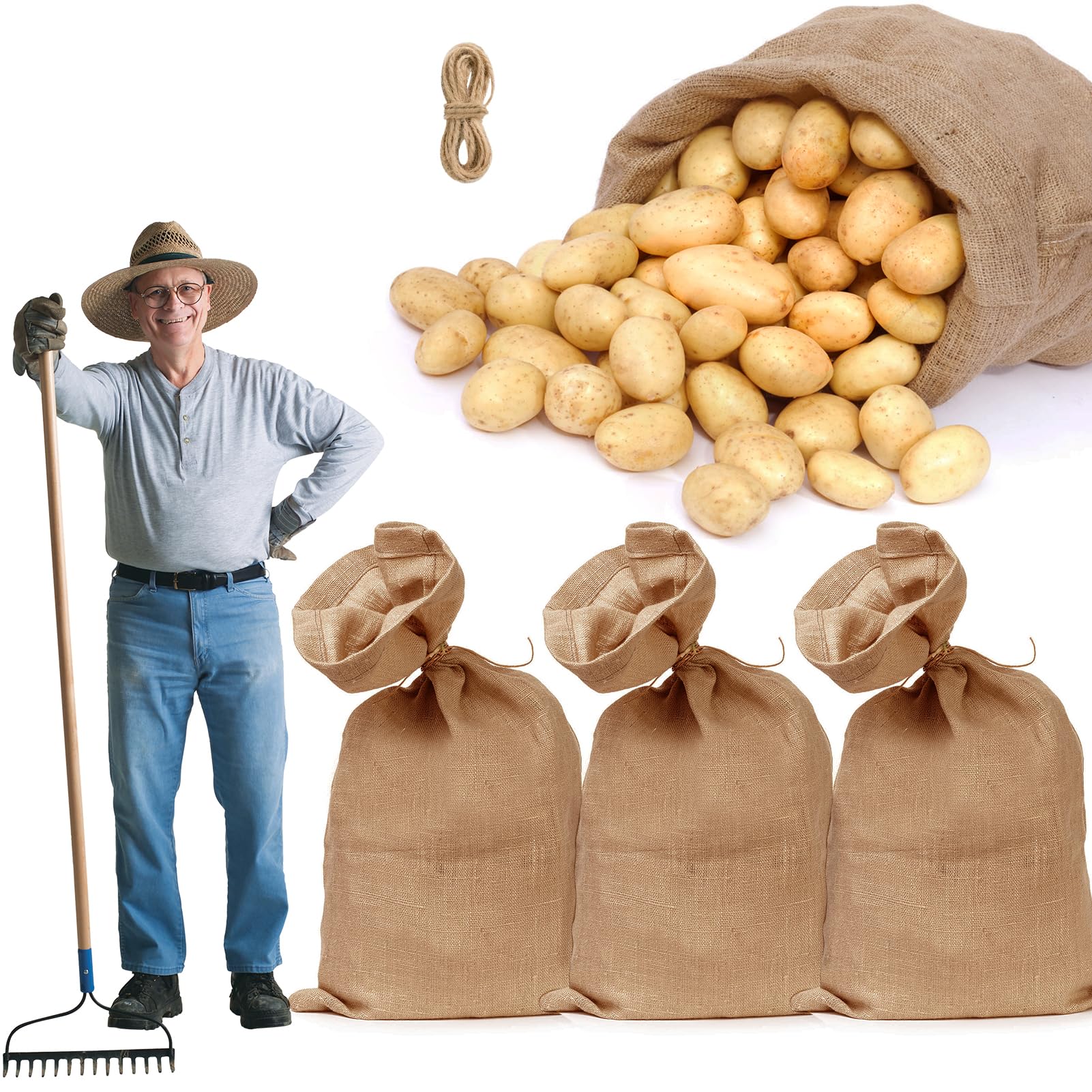 4pcs Heavy-duty Large Burlap Bags, 40'' x 24'' Thicken Jute Potato Storage Sacks with 32.8ft Ropes, Reusable Potato Bags for Food Storage Plant Gardening Planting Lawn Race Games