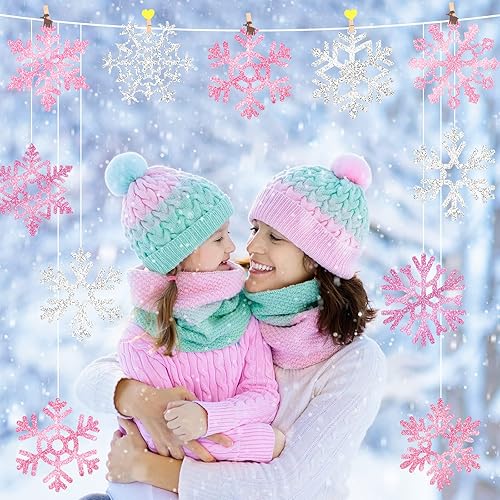 Miniatura 10 de Decoración de copos de nieve, recortes de papel de copo de nieve de Navidad de invierno con puntos de pegamento para tablón de anuncios, fiesta de