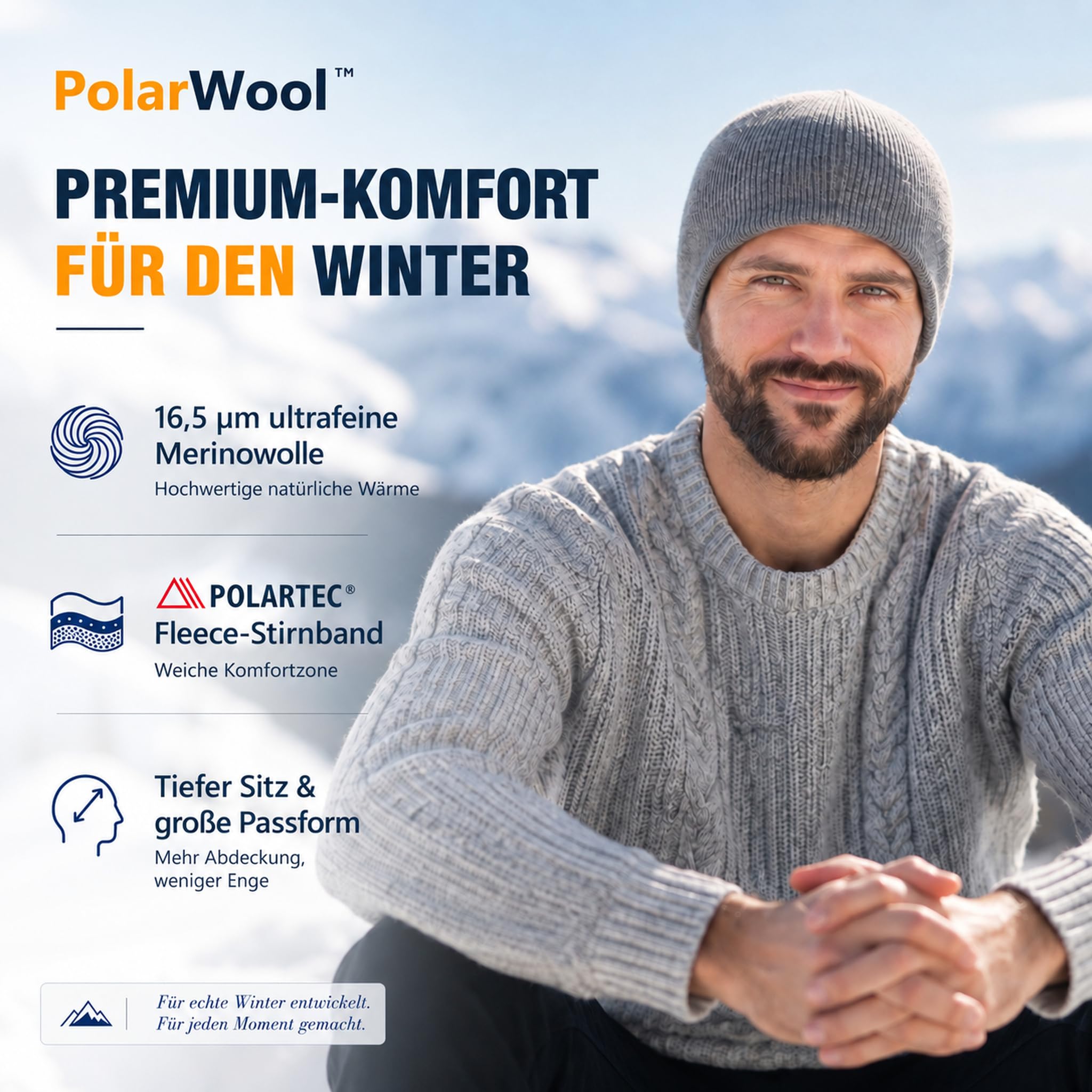 TOP-EX 100% Merinowolle Beanie mit Polartec-Fleece, große Größen