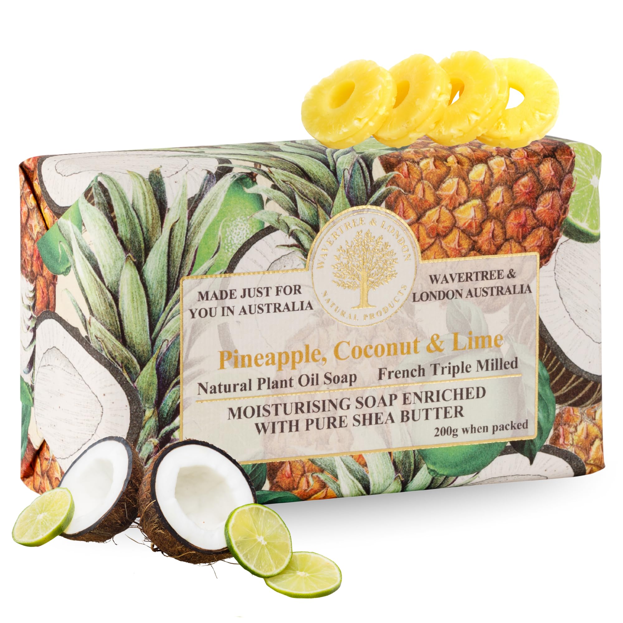 Wavertree & London Pineapple, Coconut & Lime Scented Natural Soap Bar, 7oz Moisturizing French Triple Milled Soap Bar for Women & Men Enriched with Organic Shea Butter, Pure Bath & Body Soap (1 Bar)