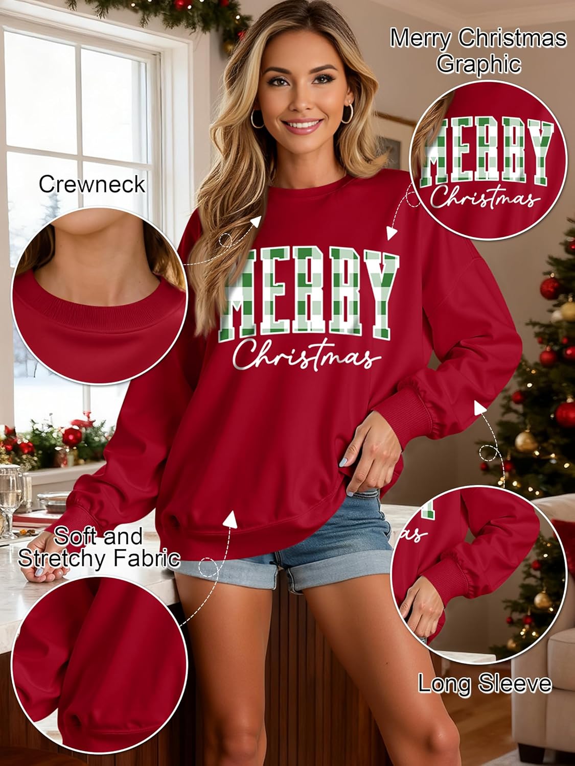 OUNAR Christmas Shirts For Women Merry Christmas Graphic Sweatshirt Christmas Crewneck Long Sleeve Xmas Holiday Pullover Tops - Image 5