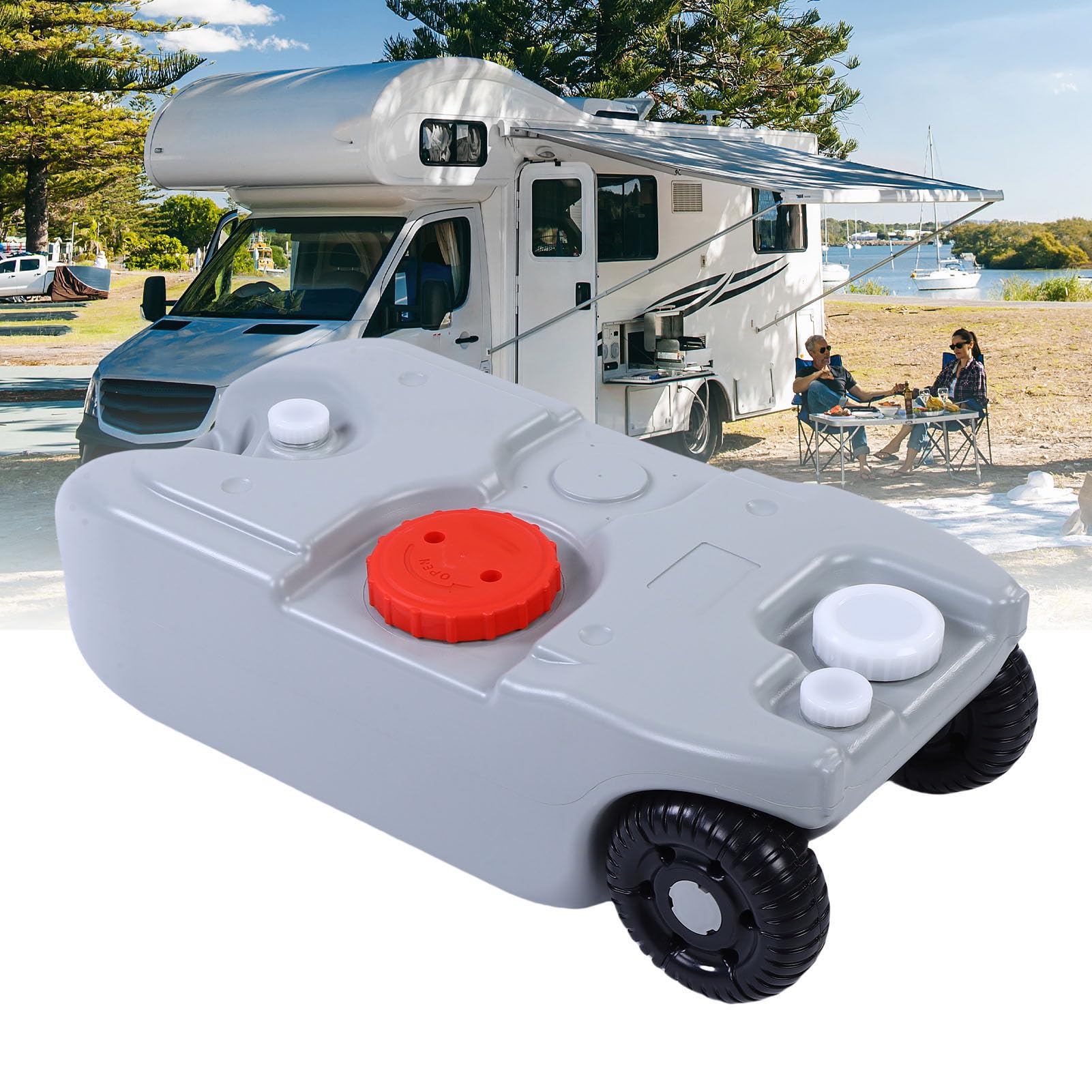 Tragbarer 10,6-Gallonen-Abwassertank für Wohnmobile, Großer Tragbarer Wassertank mit Rädern, Metallgriff, Schlauch und Wasserhahn – Ideal für Picknicks, Wanderungen und Camping.