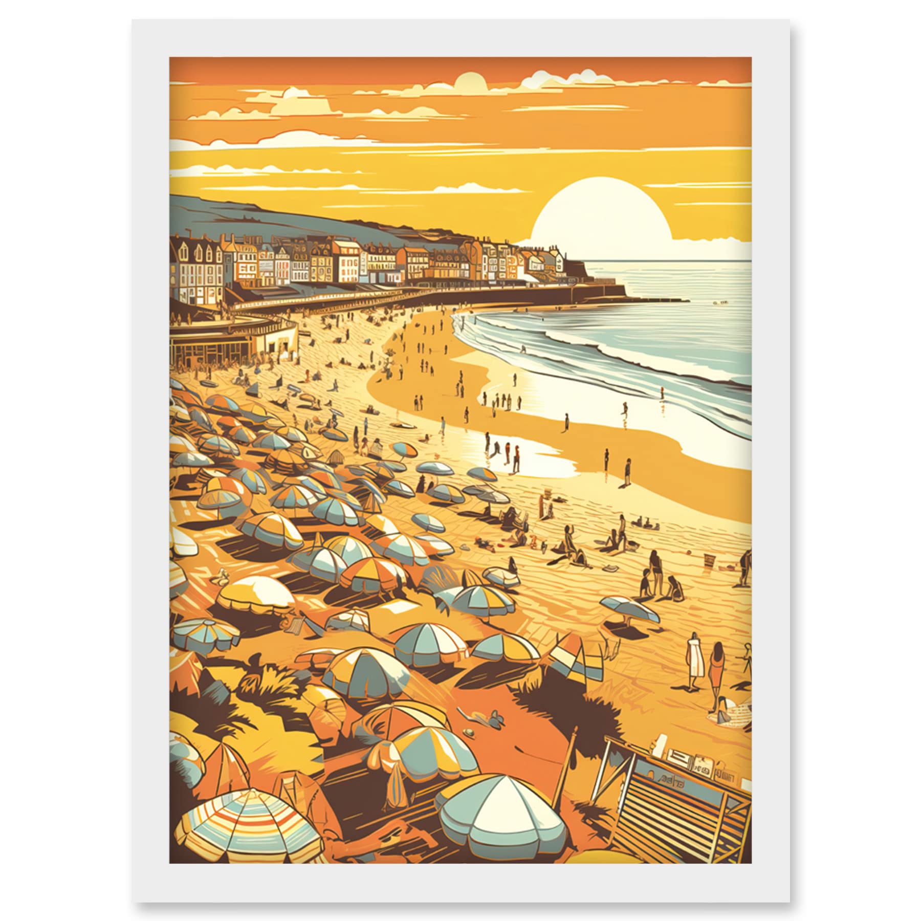 Artery8 Summer Sunset at Busy Sandy Promenade Beach Artwork Framed Wall Art Print A4