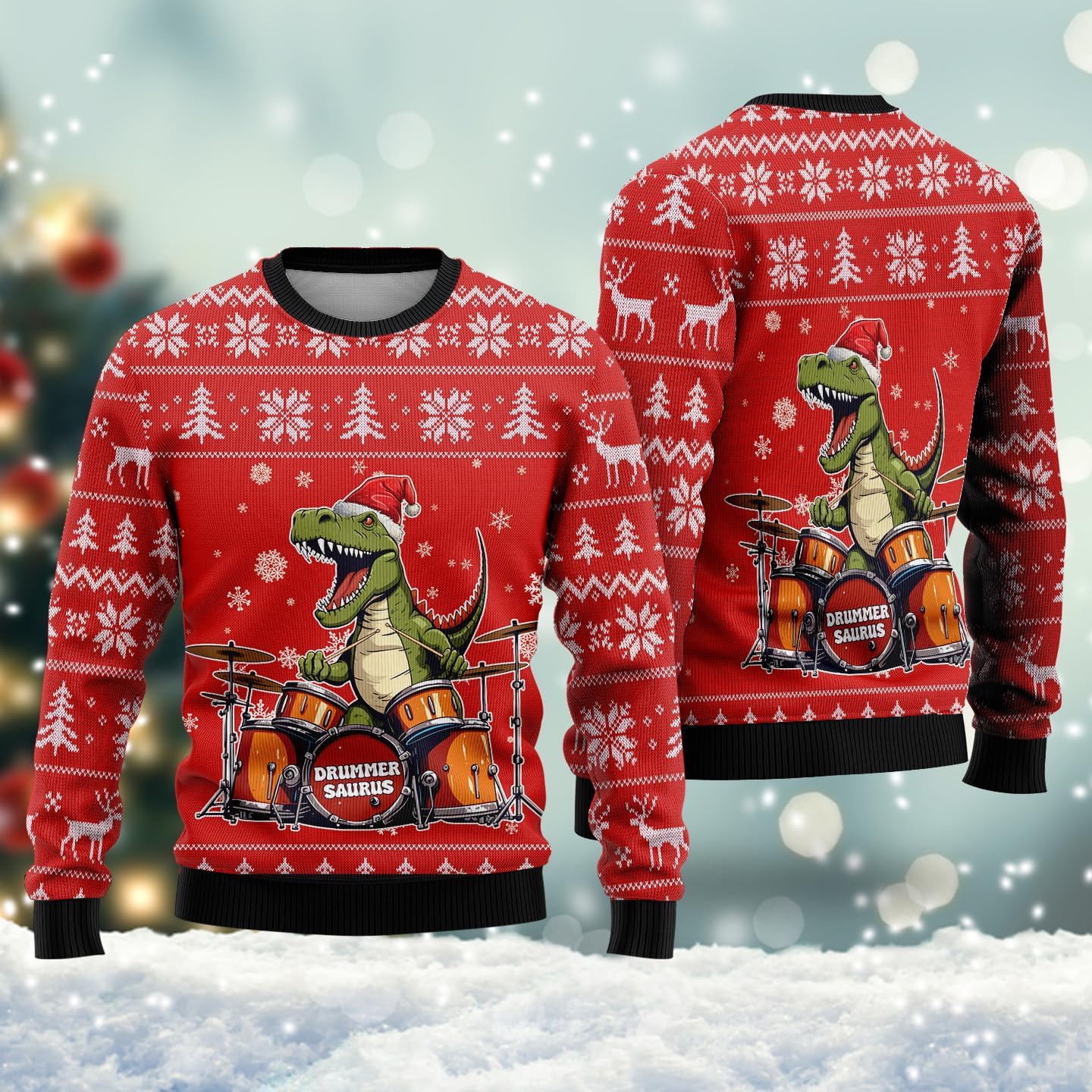 Dinosaur Ugly Christmas Sweater for Mens - Crewneck Knitted T-Rex Ugly Christmas Sweaters Series 10 - Image 2