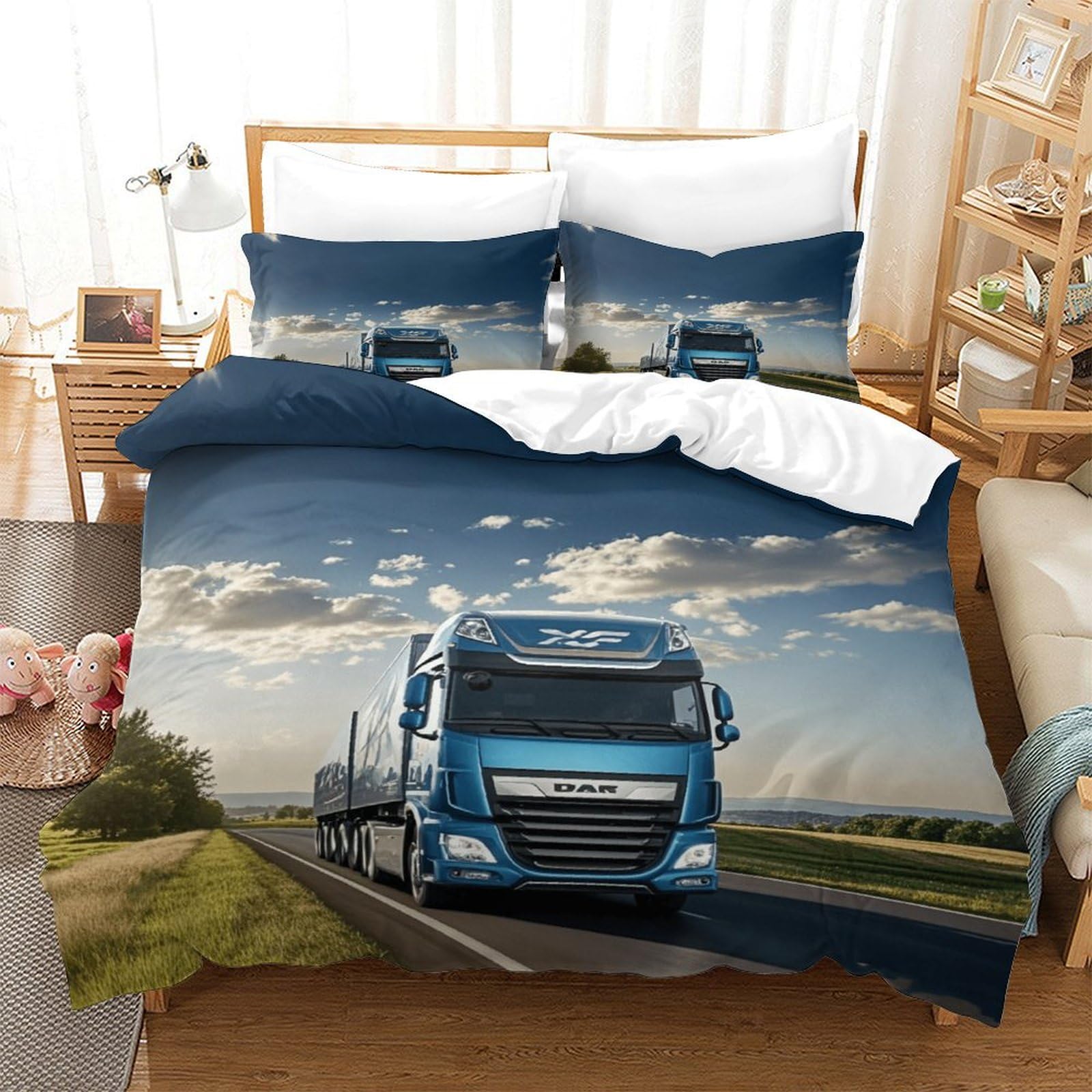 XiaopangXY 3D Printed Pattern Lorry Duvet Cover Set Breathable Truck Bedding Set Comfortable Comforter Cover for Kids & Adults Washable Quilt Cover Set Double（200x200cm）