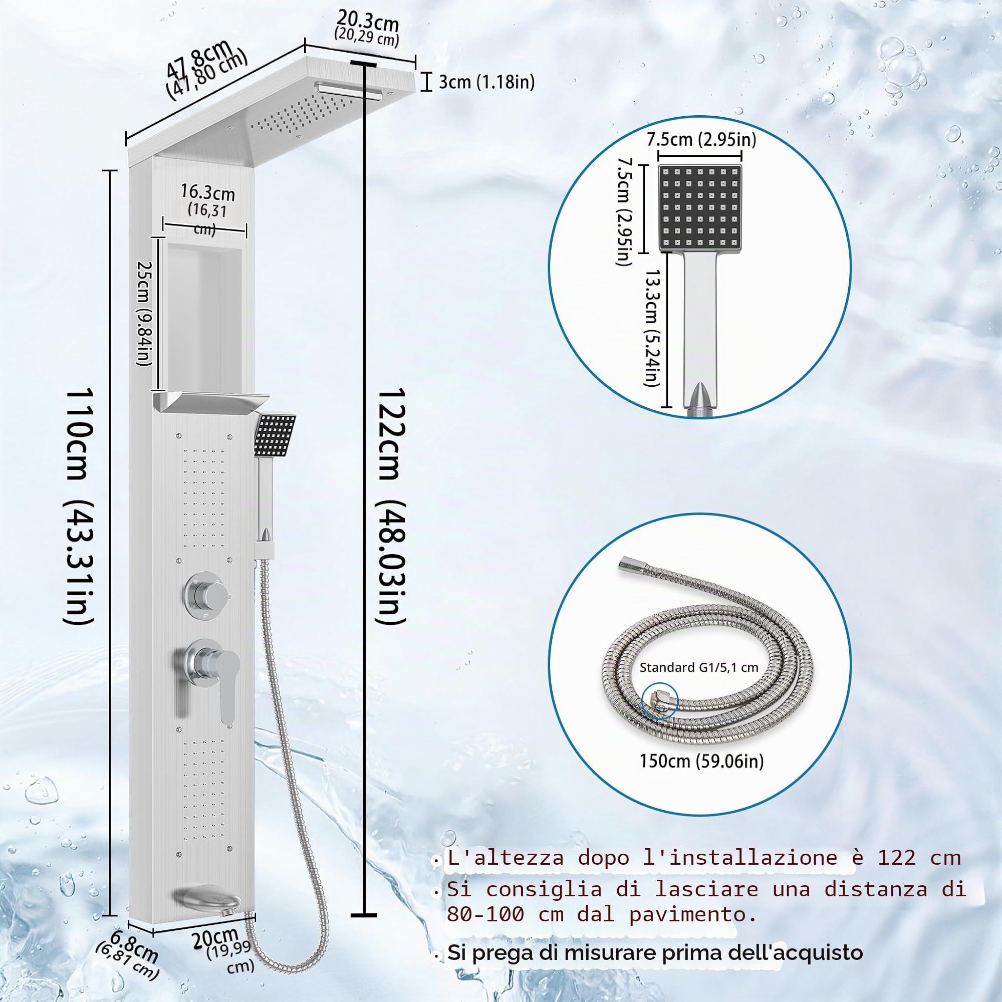 NAIZY Pannello doccia con rubinetto, sistema 5 in 1 con ripiano integrato, set multifunzione con doccetta per massaggio, cascata e pioggia, rubinetto in acciaio inox 304