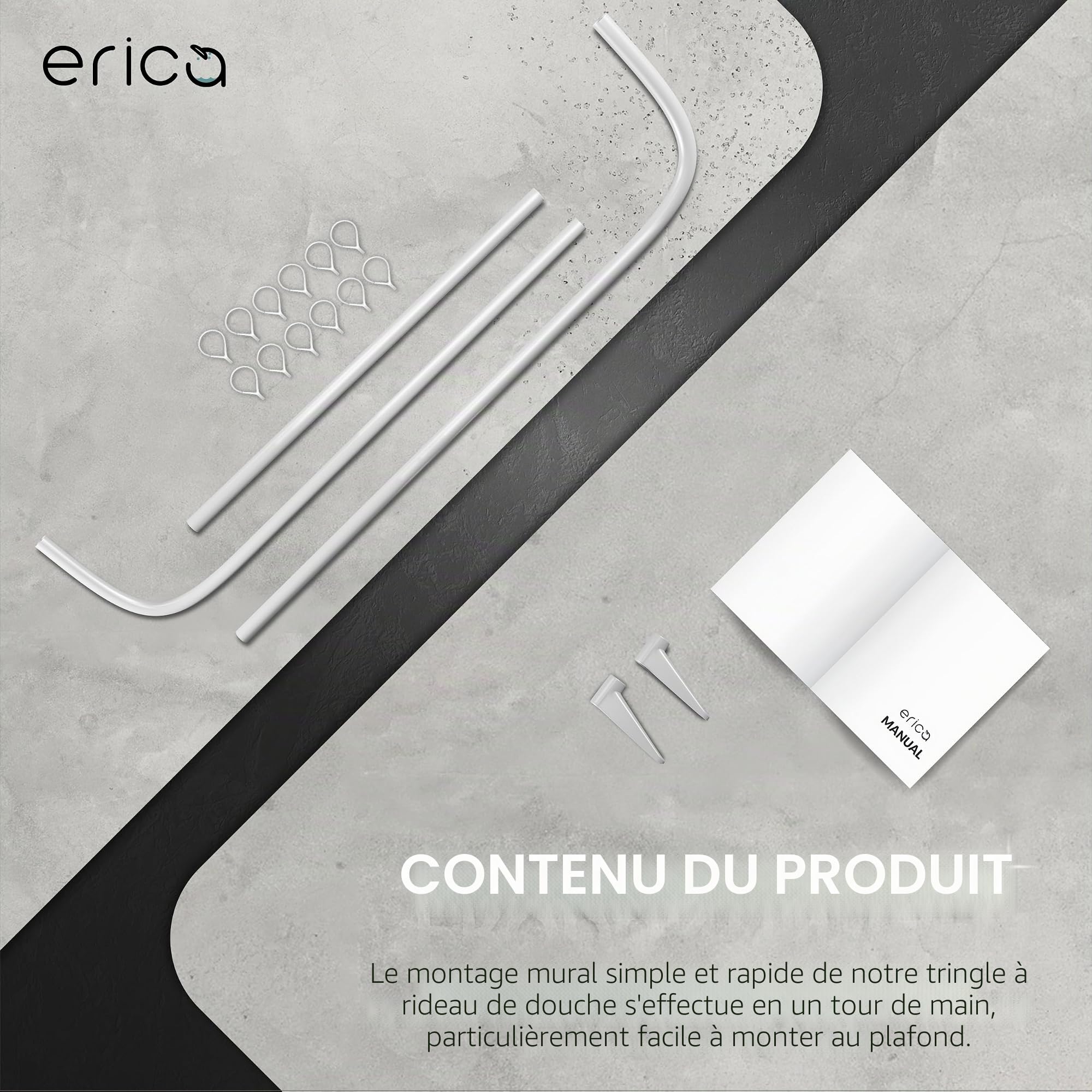 Erica Tringles de Rideau de Douche en U - 85x95x85 cm, Barre de Rideau de Douche Murale sans Fixation au Plafond - Revêtement Plastique sans PVC, Tringle de Douche 100% Inoxydable. Blanc.