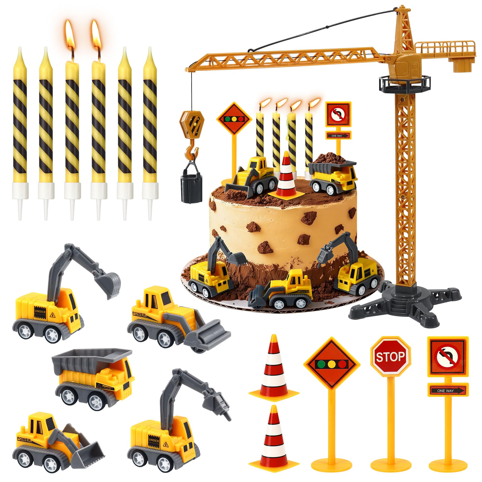 Construction Birthday Candles 17 Pcs Construction Vehicles Cake Toppers Set Road Toy Sign Tower Crane with Birthday Black Stripes Candle Cake Topper for Birthday Anniversary Party Cake Decorations