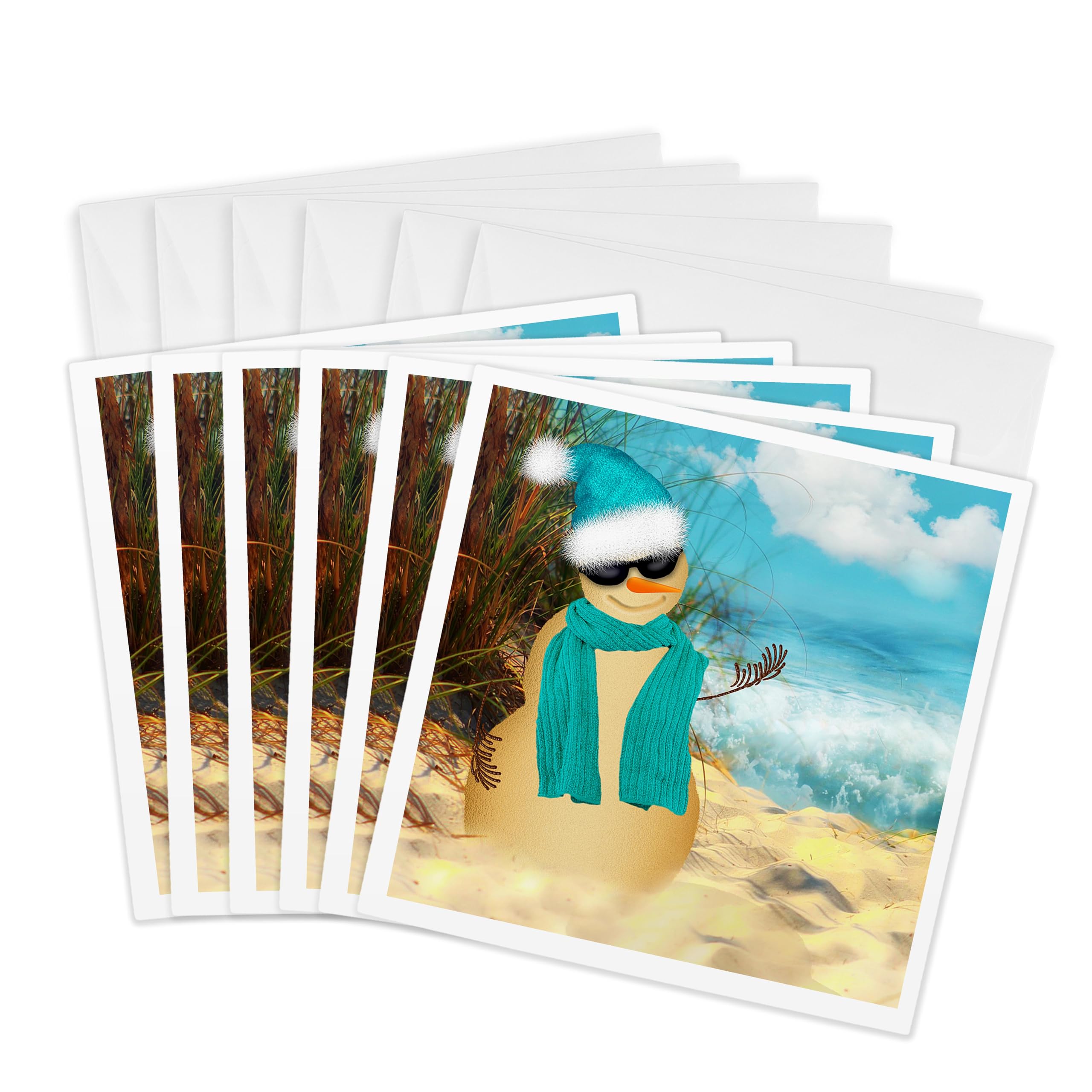 3dRose gc_173007_1 6 x 6-Inch "Sandy Beach Sandman with Ocean View Fun Spoof on a Snowman" Greeting Card (Pack of 6)