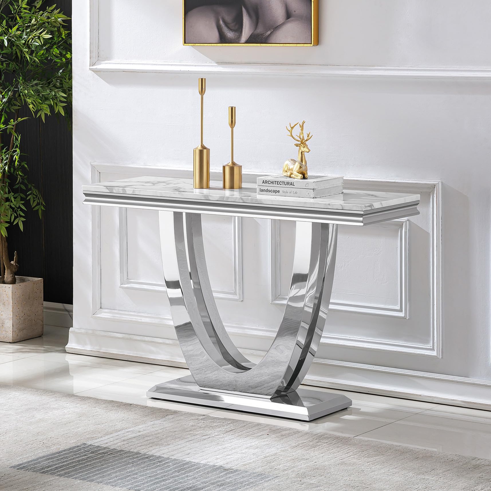 SSLine Modern White Faux Marble Console Table Luxury Entryway Table with Silver U-Shape Base 46.8" Mid-Century Elegant Sofa Table w/Mirrored Stainless