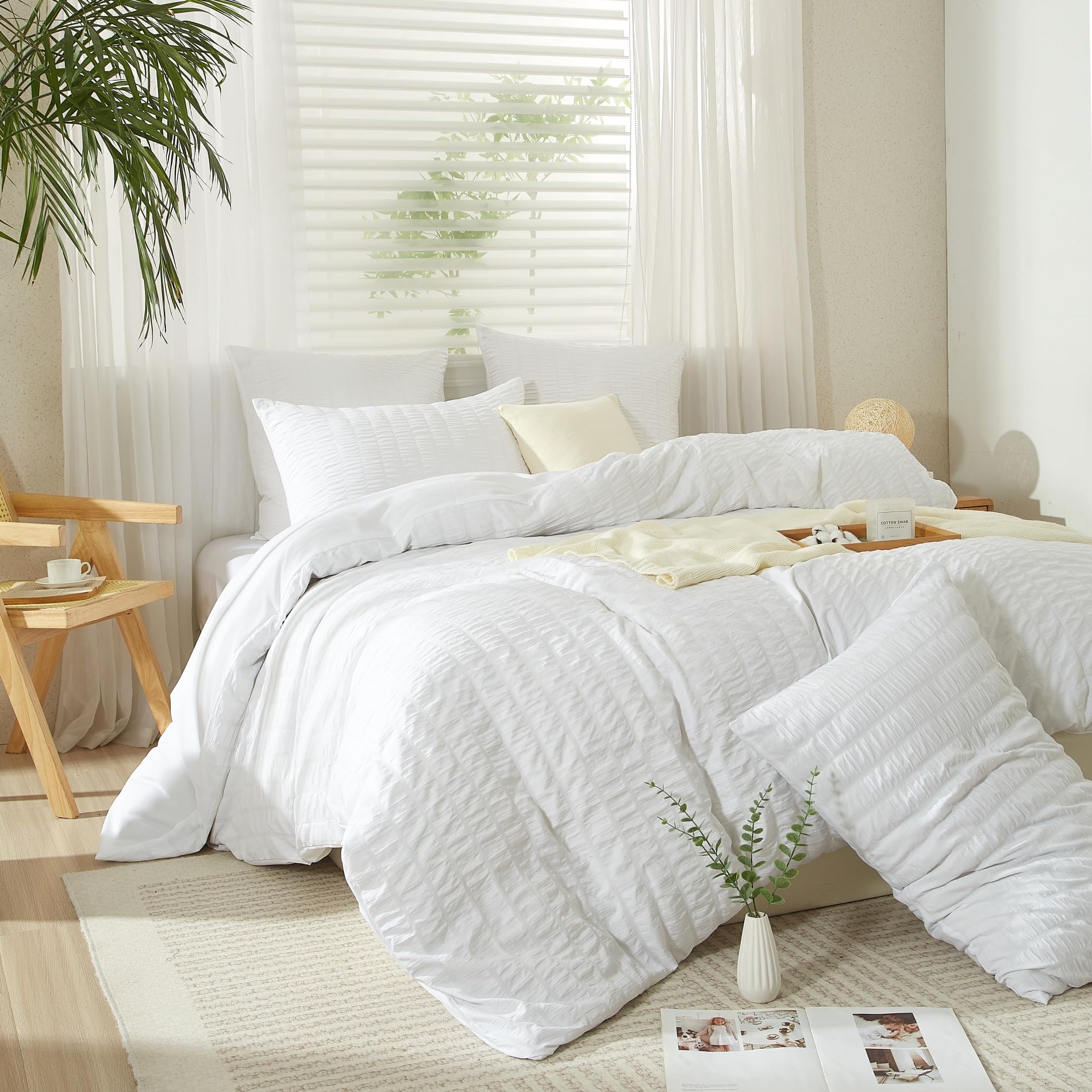 Seersucker - Ropa de cama de 220 x 240 cm, diseño a rayas, color blanco, 3 piezas, suave y transpirable, microfibra, funda nórdica con cremallera y 2 fundas de almohada de 80 x 80 cm