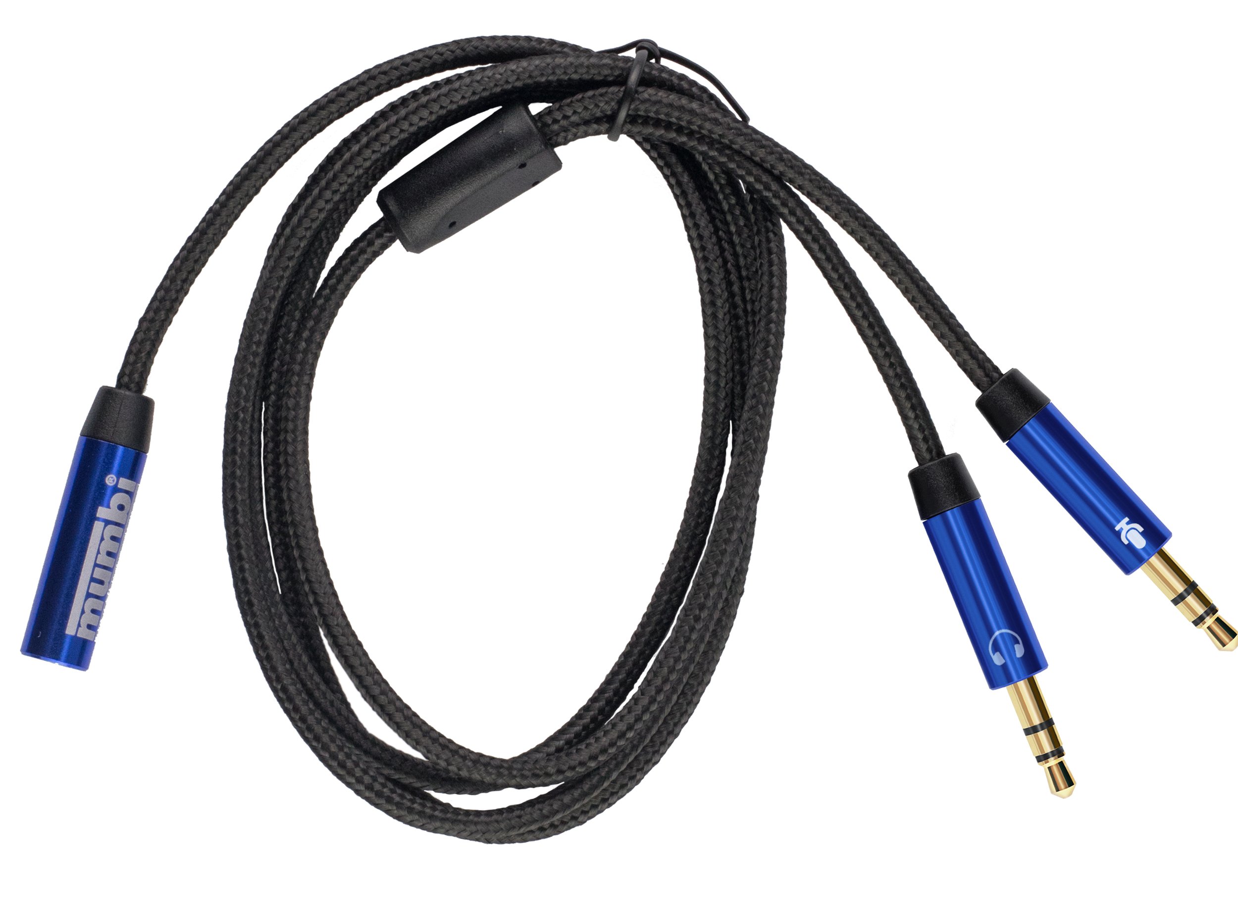 mumbi Smartphone Headset Adapter Cable Nylon 2x 3.5 mm Jack to 3.5 mm Female 60 cm, blue, 60cm - Image 2