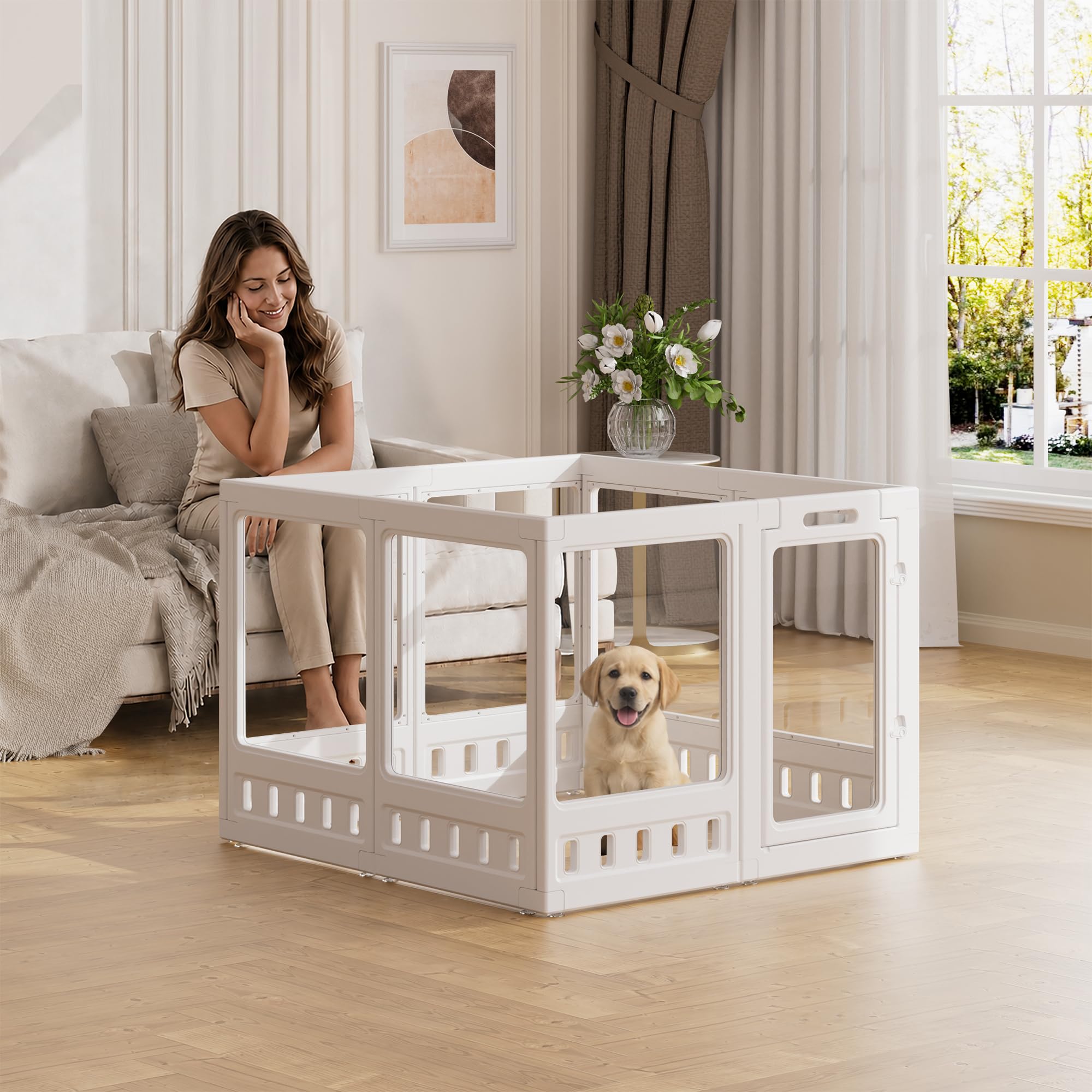 Clear-air Dog Playpen Indoor Acrylic Pen, 35" H, White, 8 Panels