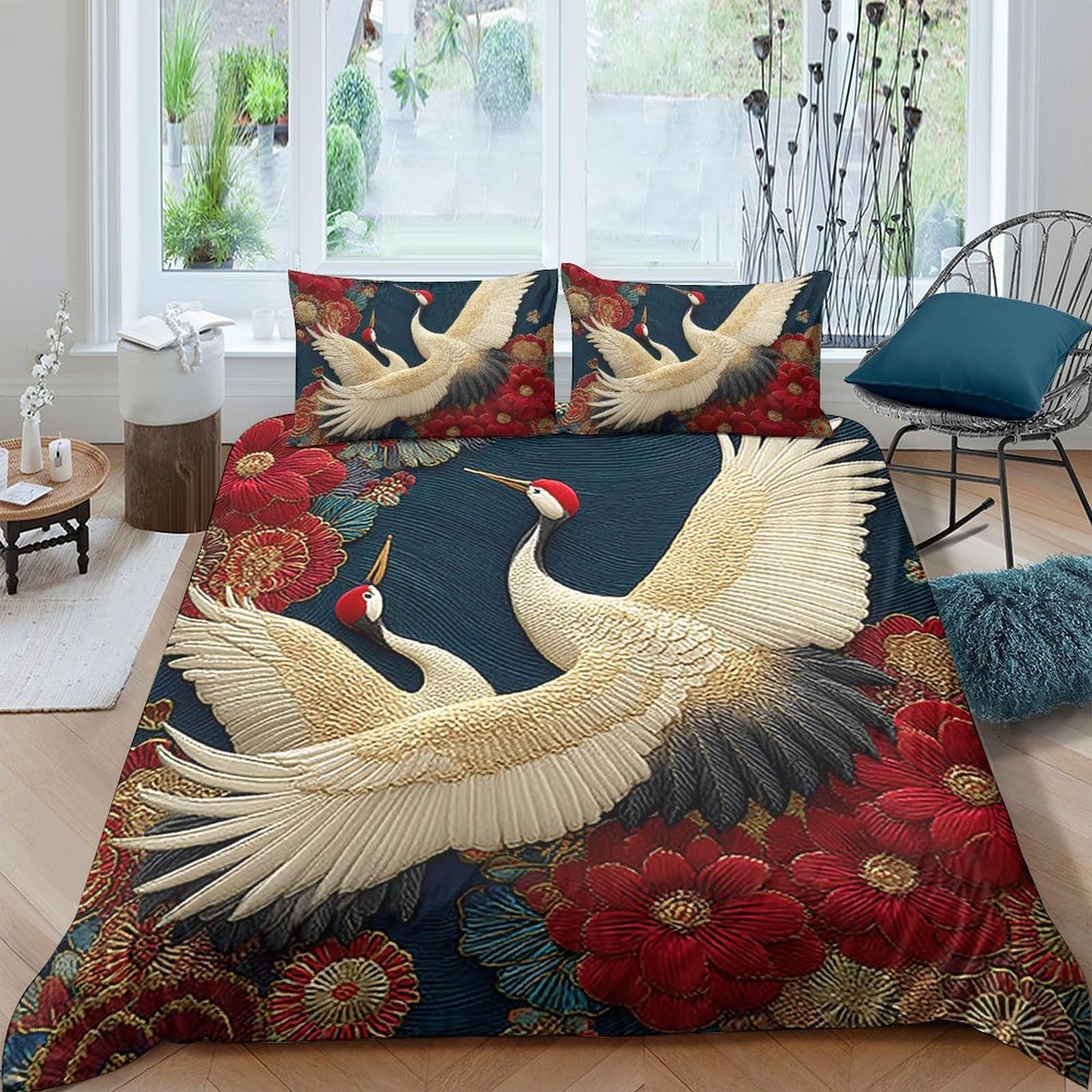 Ctjqhvkz Style-8 3D Printed Crane Floral Fitted Sheet Microfiber Soft Elegant Red Blossom Bed Cover For Bedroom Dorm Mattress Protection Decor Single（135X200cm）