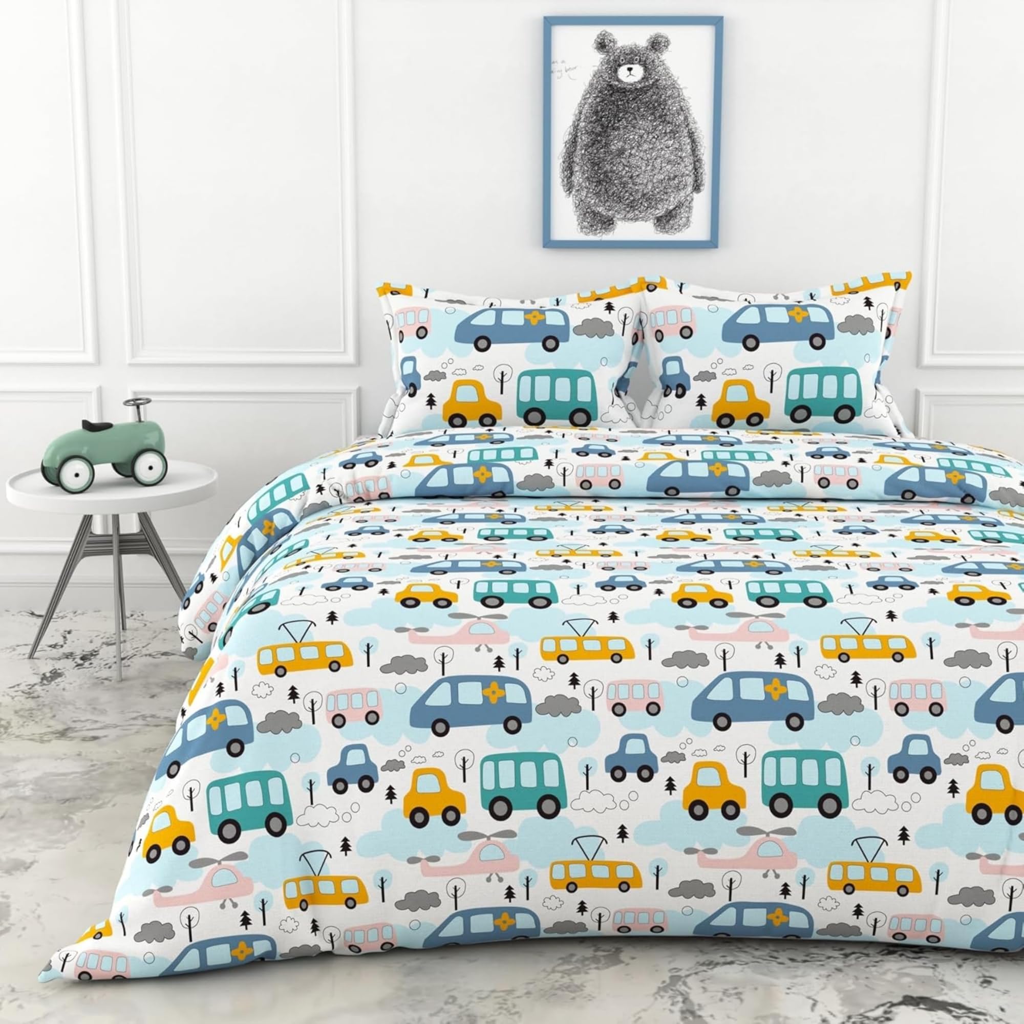 LORETO - A QUALITY LINEN BRAND 100% Cotton Bedsheet for Double Bed, 1 Double Bedsheet with 2 Pillow Covers | 144 TC Queen Size Double Bedsheet Cotton, Bubblegum Blue Bus & Banana Yellow Cars