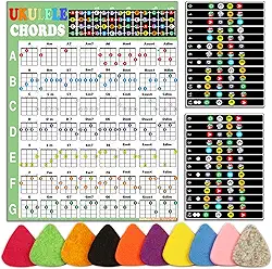 Kit de ukulele para iniciantes: gráfico de acordes, adesivos de escala, palhetas - vinil preto e branco, acessório para ukulele