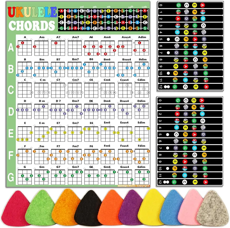 Kit de ukulele para iniciantes: gráfico de acordes, adesivos de escala, palhetas - vinil preto e branco, acessório para ukulele