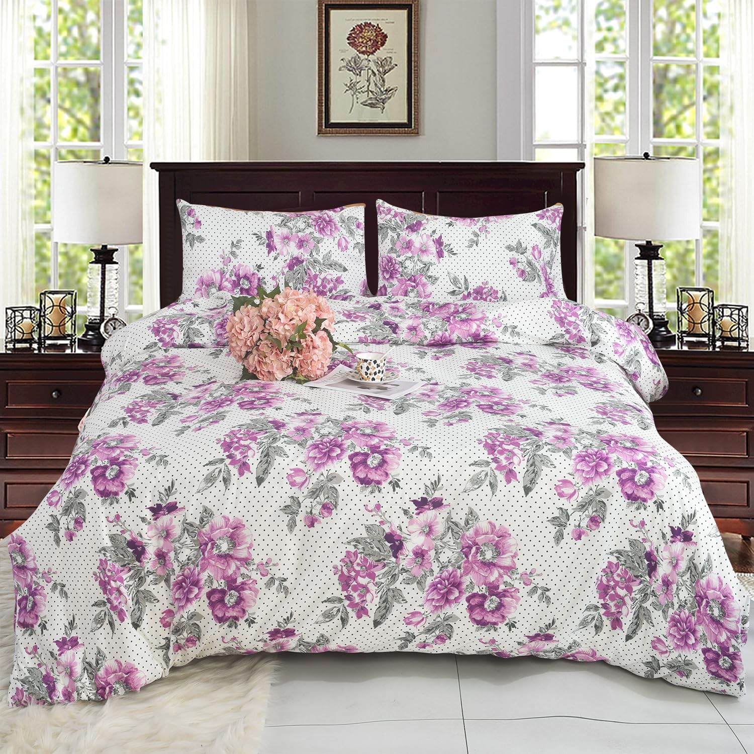 CHARKHAH 4 Piece Reversible Printed Bedding Set Includes 1 Duvet Cover, 1 Deep Fitted Sheet & 2 Pillowcases – Soft Microfibre Easy Care Quilt Cover Set for All Seasons (Delight Lilac, Double) — image 1
