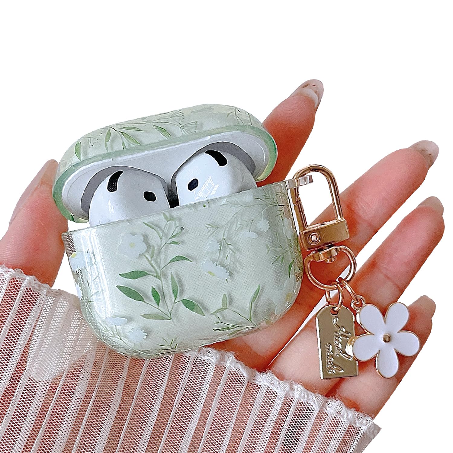 Compatible with AirPods 4 Clear Case,Cute Pretty Flower Pattern Design with Floral Keychain, Soft TPU Protective Shockproof Cover for AirPods 4th Generation for Women Girls-White Flower
