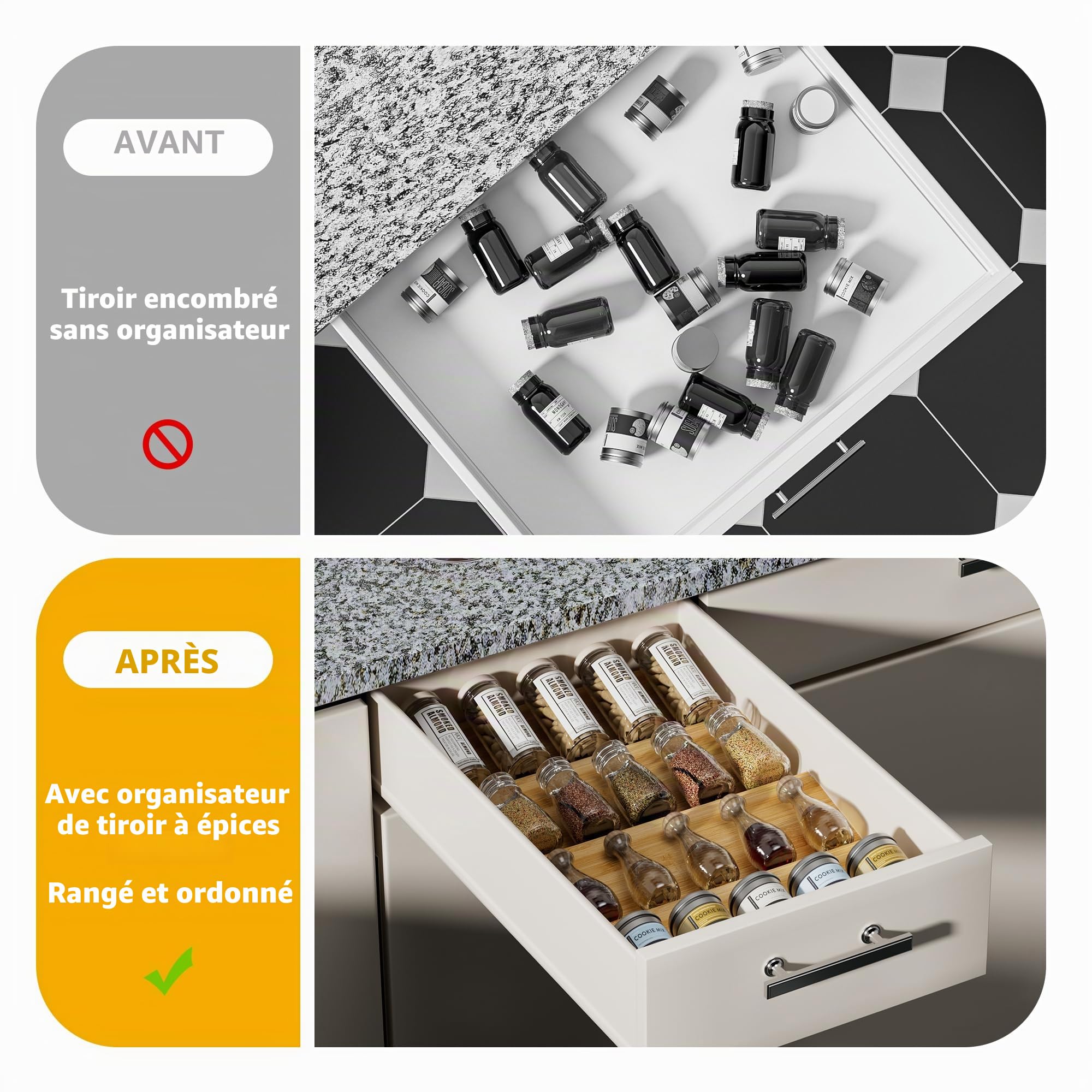 Lot de 4 organiseurs de tiroir à épices en bambou – 33 x 11,9 x 4,1 cm – Insert de tiroir pour pots à épices – Organiseur d'assaisonnement pour tiroirs/comptoir (bocaux non inclus)