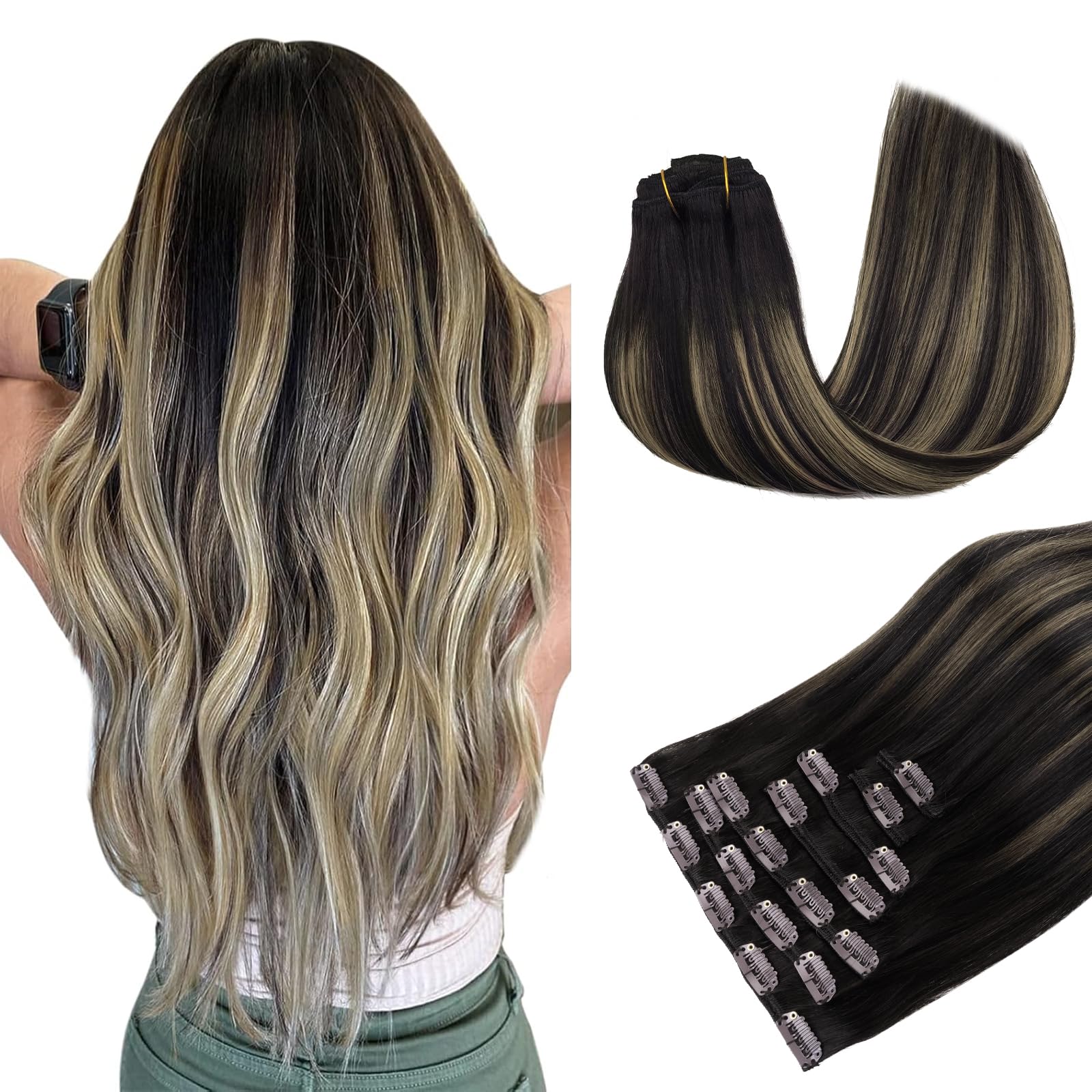 MAXITA Clip in Hair Extensions Real Human Hair 100% Remy Hair Extensions Clip ins Double Weft for Women,Natural Human Hair,16inch 120g 7Pcs,Natural