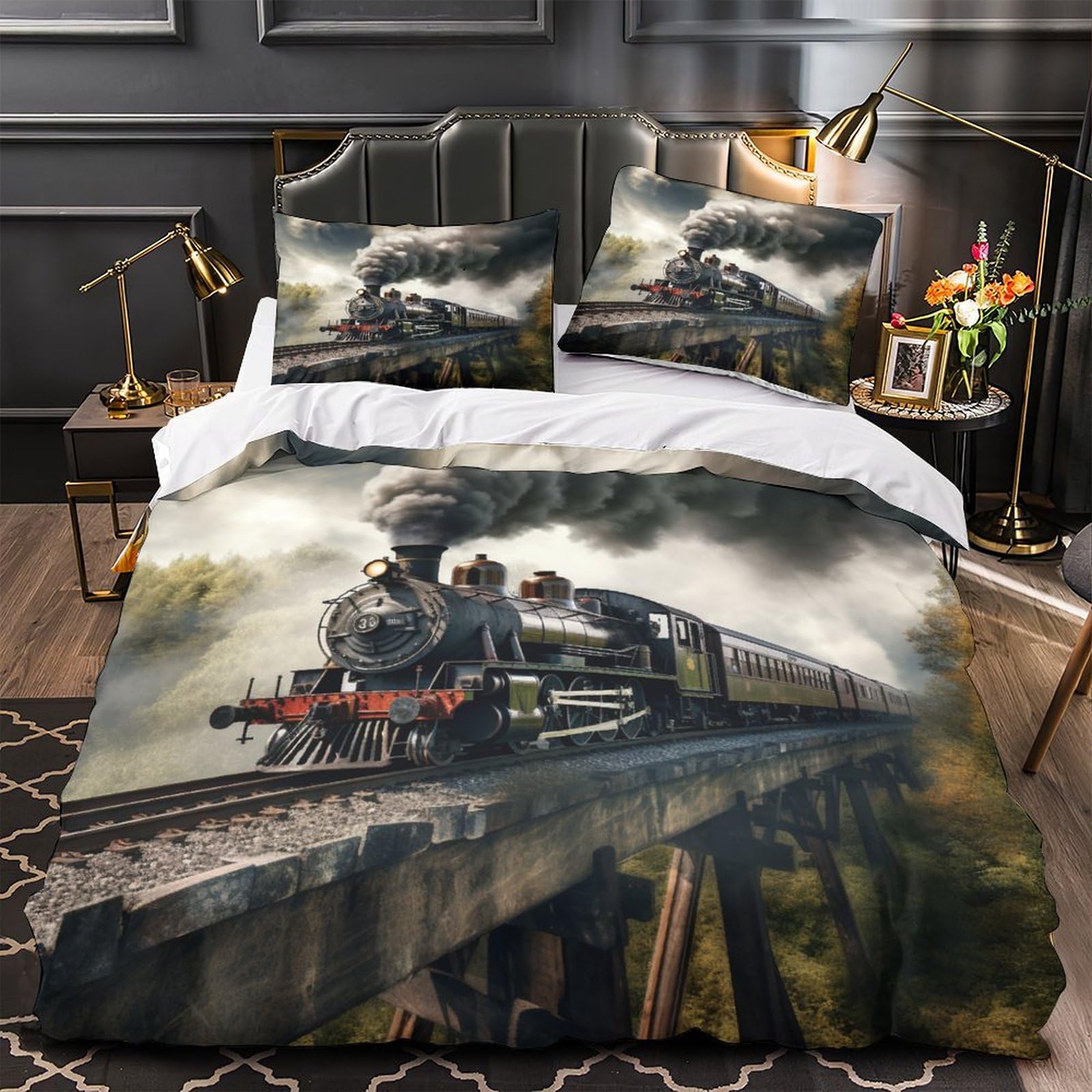 Funda Nórdica Tren De Vapor 150x200 Cm Con 2 Fundas De Almohada - Microfibra Suave, Cremallera Oculta, Diseño Clásico Ferroviario