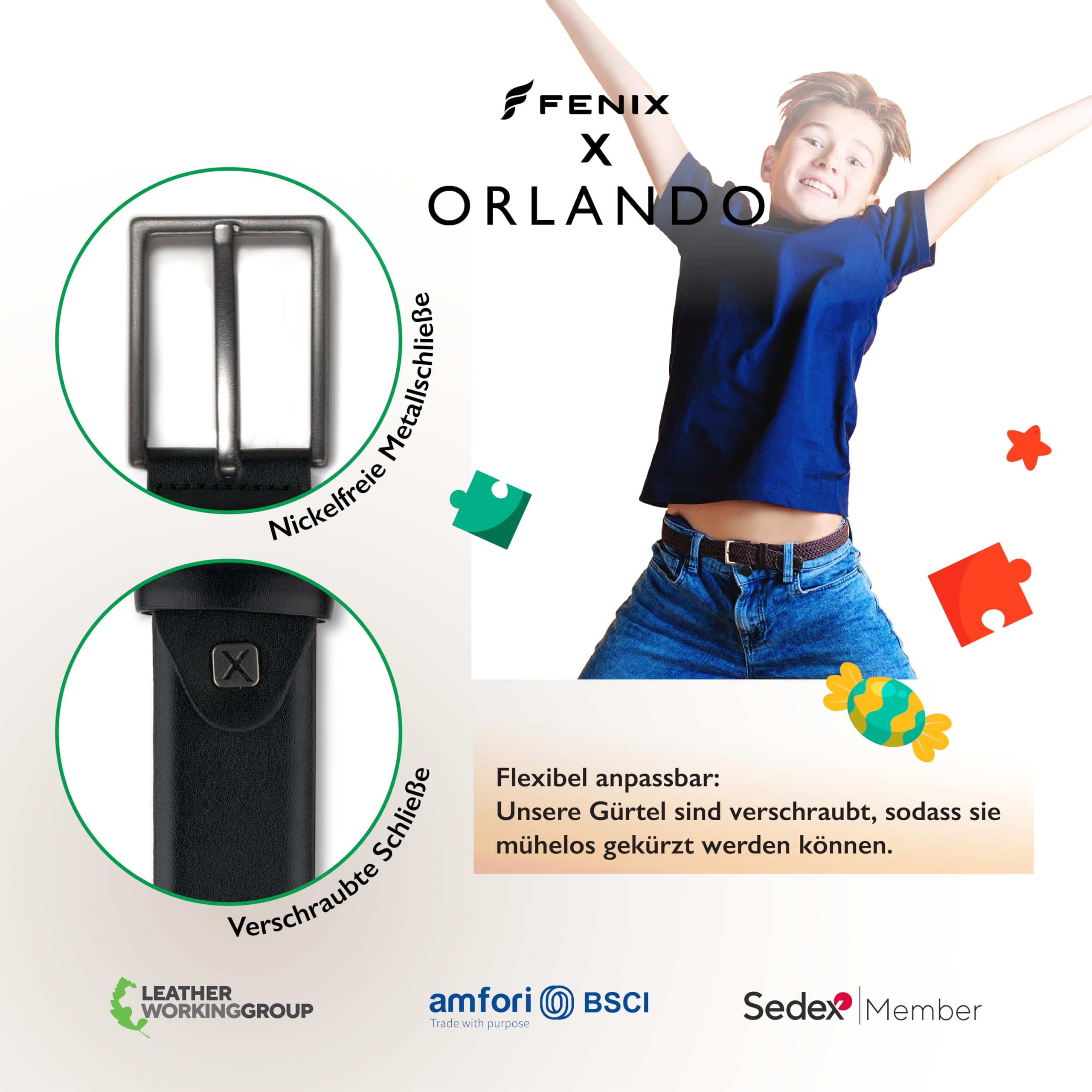 FENIX ORLANDO Cinturón Niños y niñas, cinturón ajustable de cuero para niños y adolescentes, talla 55 cm - 75 cm, hebilla sin níquel de 30 mm de ancho
