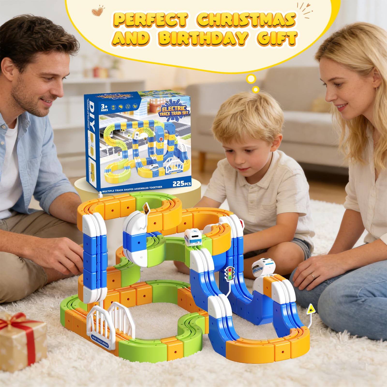 Tren Eléctrico Niños 225 Piezas (80 Vías + 2 Trenes) – Gran Pista Flexible 3D Antigravedad Circuito Tren Electrico, Juego de Construcción Stem DIY, Trenes Motorizados USB, Regalo 3-10 Años