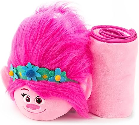 Trolls Armrest Buddy Stuffed Plush Travelling Toy with Blanket 13” - Kids Ultimate Travel Pillow Companion Set (Queen Poppy)