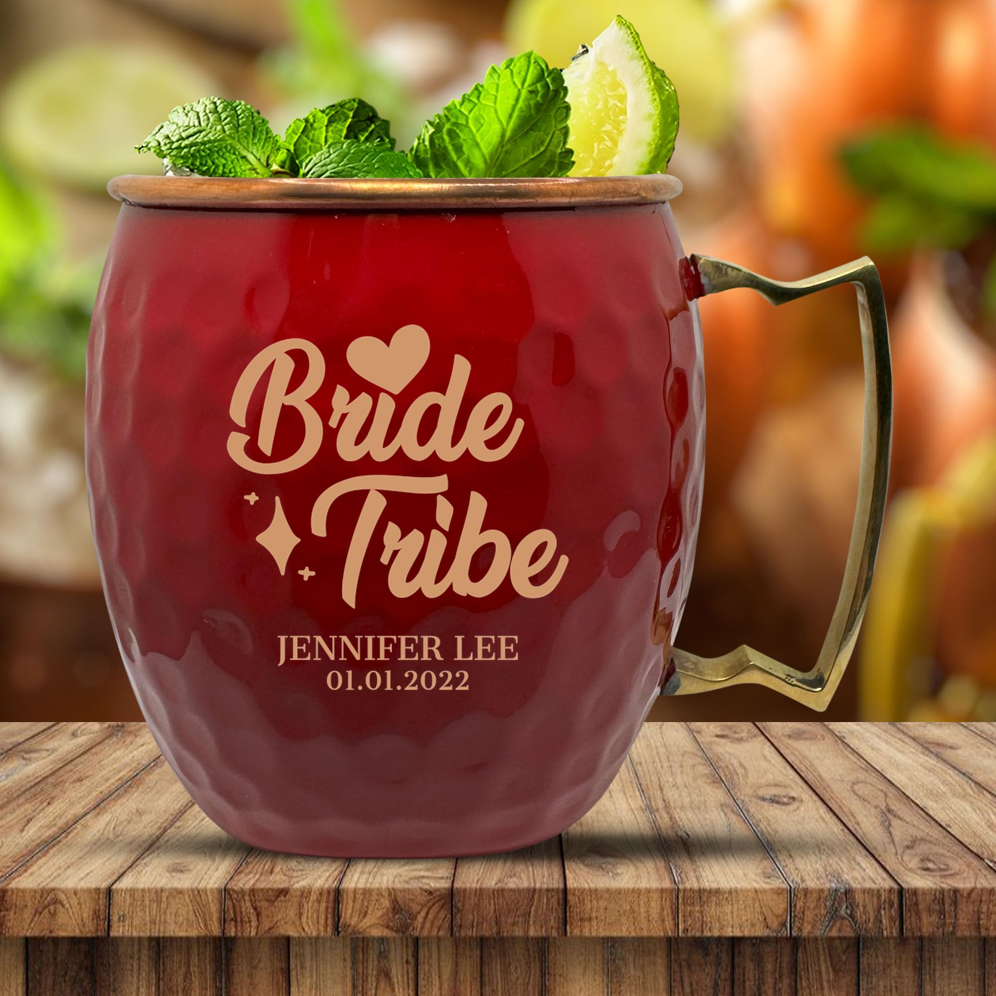 Custom Copper Moscow Mule with Hammered Painted Finish - Engraved Bar Style 100% Copper Cup with Personalized Bride Tribe Monogram Wedding Themed Engraving, Brass Handle | 18 oz, Red | Set of 4