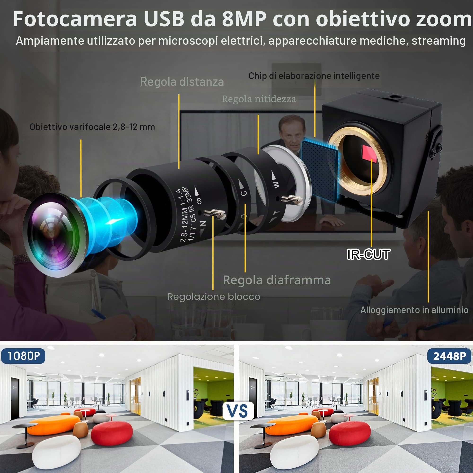 Svpro Zoom Webcam 8MP USB per PC Laptop Fotocamera esterna per computer con obiettivo varifocale da 2,8-12 mm Fotocamera UVC per montaggio su treppiede, su superficie e a parete