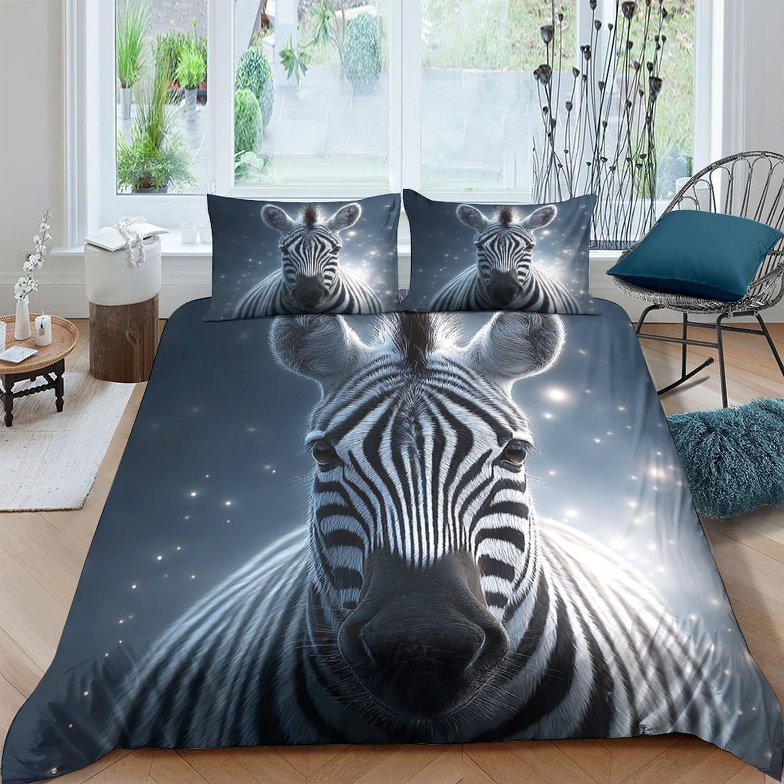 GPLZQXKJNH 3D Printed Zebra Night Duvet Cover Microfiber Soft Breathable Forest Glow Bedding Set with 2 Pillowcases for Bedroom Decor Single（135x200cm）