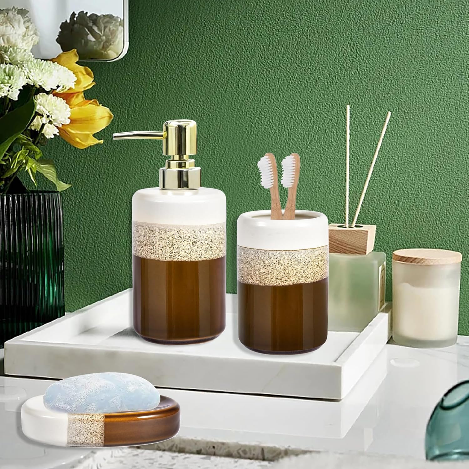 Bathroom Accessories Set of 3, Natural Reactive Glaze Ceramic Bathroom Sets Complete-Toothbrush Holders, Soap Dispenser, Soap Dish, Luxury Bathroom Decor, Bathroom Countertop Organizer, Brown Gold