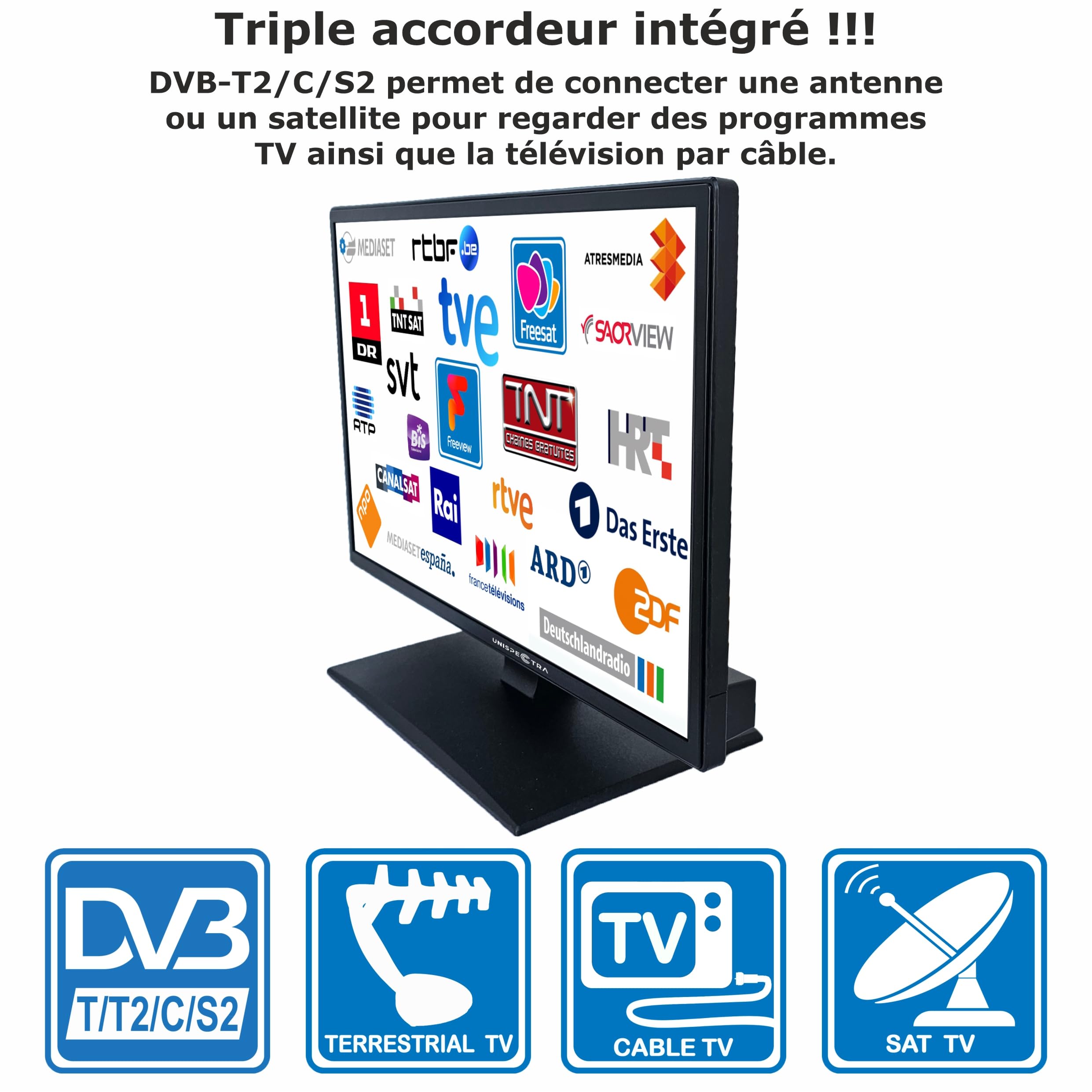Unispectra ® 19” Smart TV (webOS) avec Télécommande Magique 12v HDR 230v 24v TV TNT et Tuner Sat 3xHDMI 2xUSB. Téléviseurs 12V pour Camping-Cars, caravanes, fourgonnettes, Bateaux