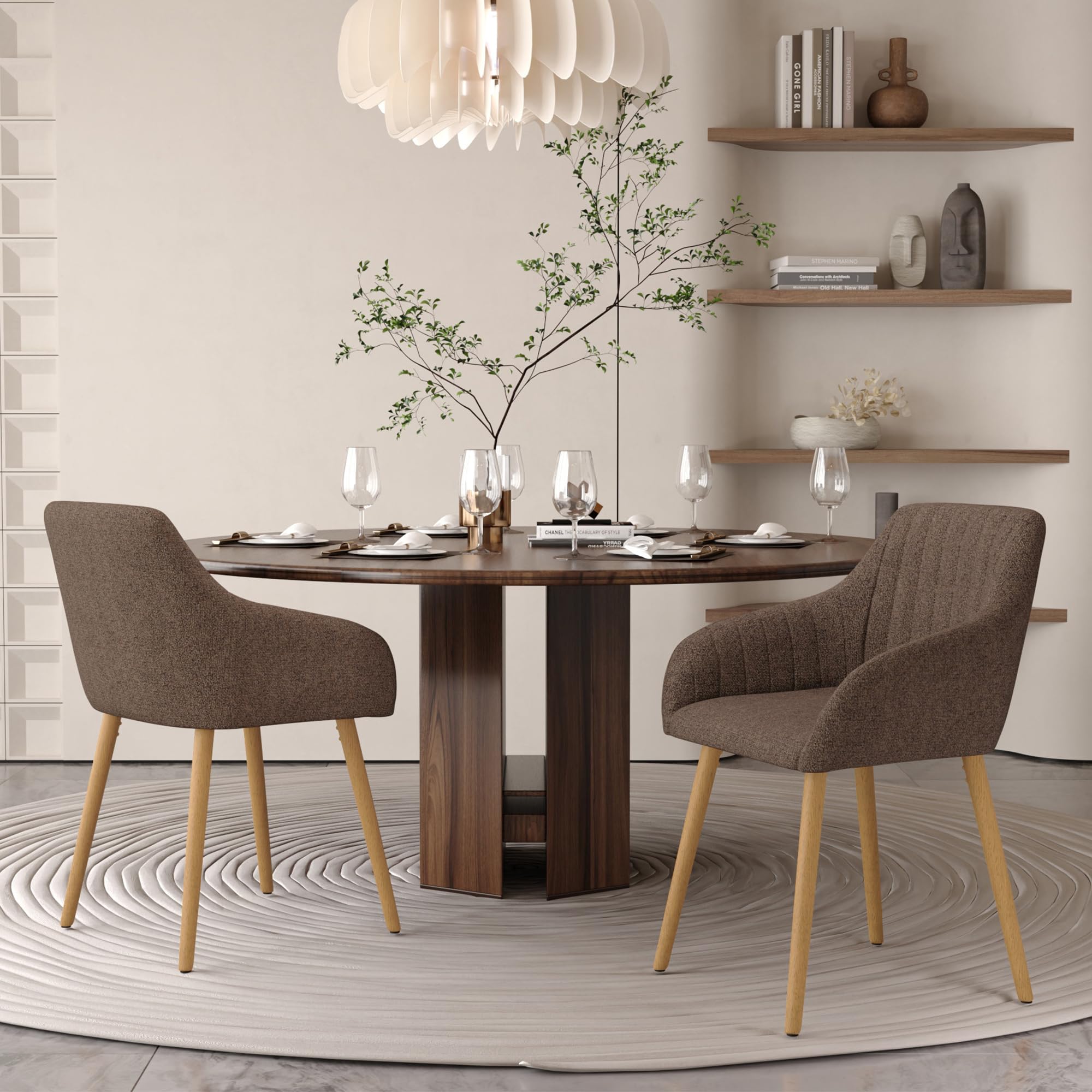 Sedie da pranzo beige con gambe in legno con bracciolo, set da 6 pezzi, per sala da pranzo, cucina, con braccioli in poliestere, per sala da pranzo, cucina, marrone