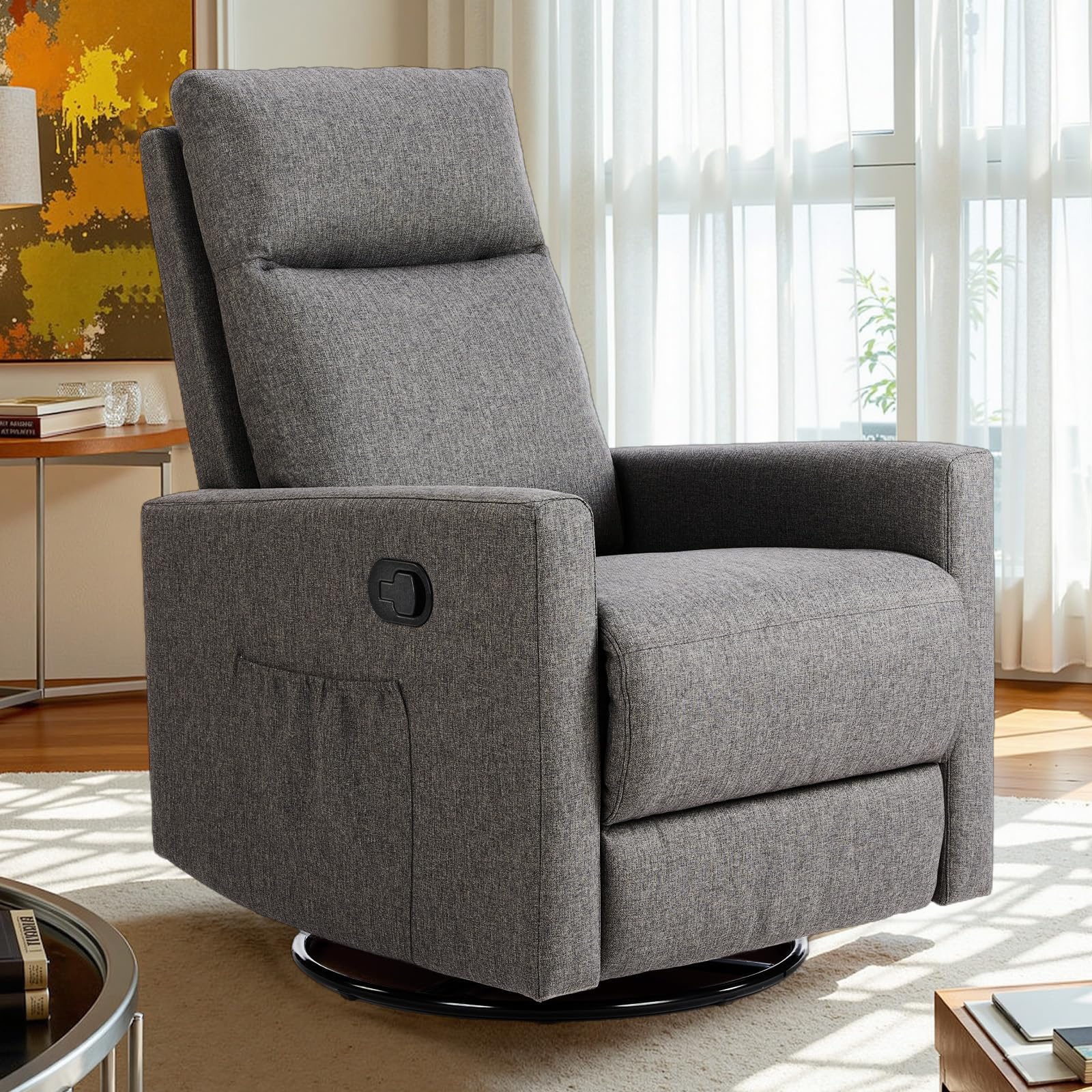 Sweetcrispy Recliner Chair, 360 Swivel Rocker Chair for Adults, Glider Rocker Recliners, Nursery Chairs for Living Room, High Back, Upholstered Deep Seat, Grey