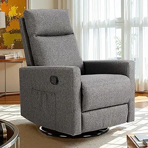 Sweetcrispy Swivel Recliner Chair, Rocking Chair Nursery, Glider Rocker Recliner for Nursery, Glider Nursery Chair for Living Room with Extra Large Footrest, High Back, Upholstered Deep Seat (Grey)