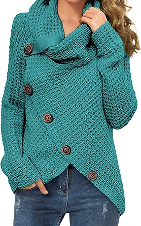 GRECERELLE Women's Solid Color Chunky Button Pullover Sweater Turtle Cowl Neck Asymmetric Hem Knit Sweater