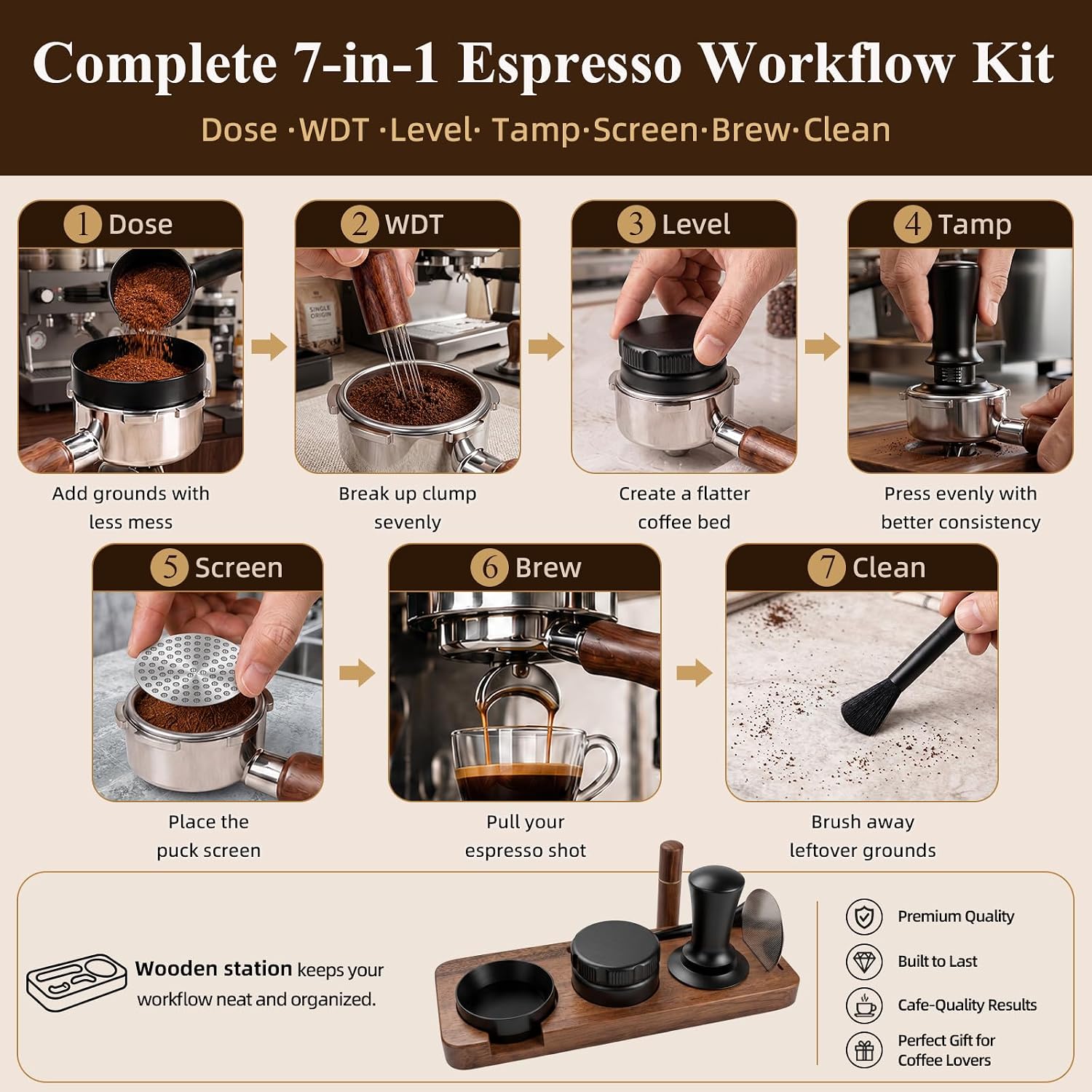 7 PCS Espresso Accessories Kit - 54mm Espresso Tamper Kit with Distributor, Tamping Station, WDT Tool, Funnel, Puck Screen & Brush - Espresso Machine Accessories for 54mm Portafilter