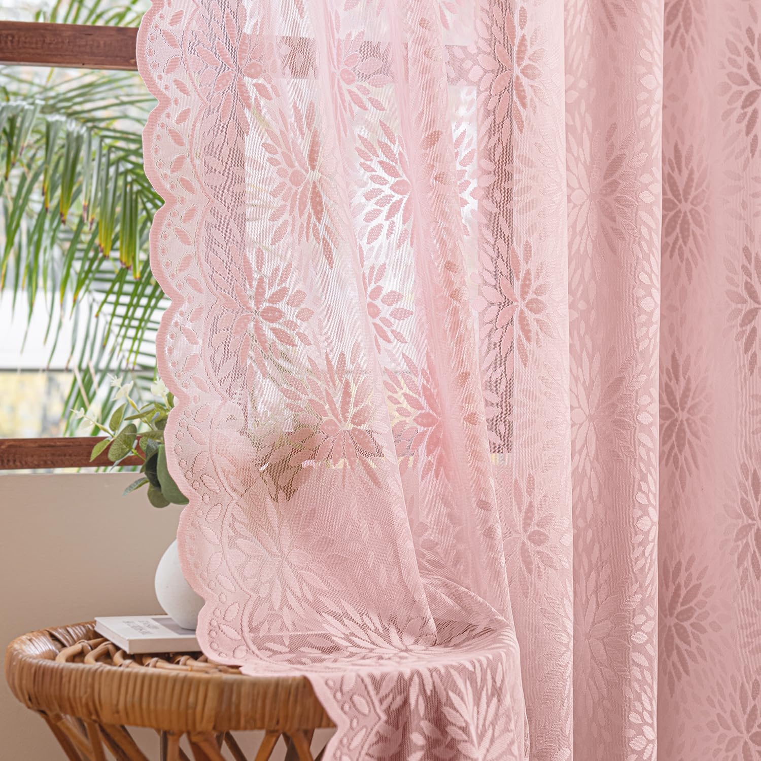 MIULEE Vintage Lace Curtains 96 Inches Long 2 Panels, Victorian Floral Scalloped Semi Sheer Curtains Light Filtering Rod Pocket Panels Decor for Girl Bedroom Living Room, 52" W x 96" L, Light Pink