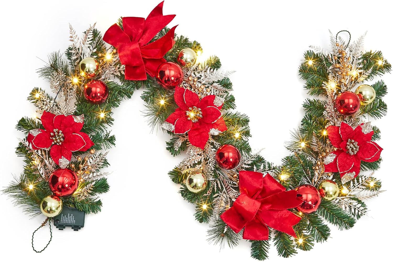 Garvee 6 Feet Christmas Garland with Lights for Mantle, Battery Operated Outdoor Christmas Garlands with Antlers Gold Balls, Prelit Garland Decorations for Fireplace Stair Railing TV Stand