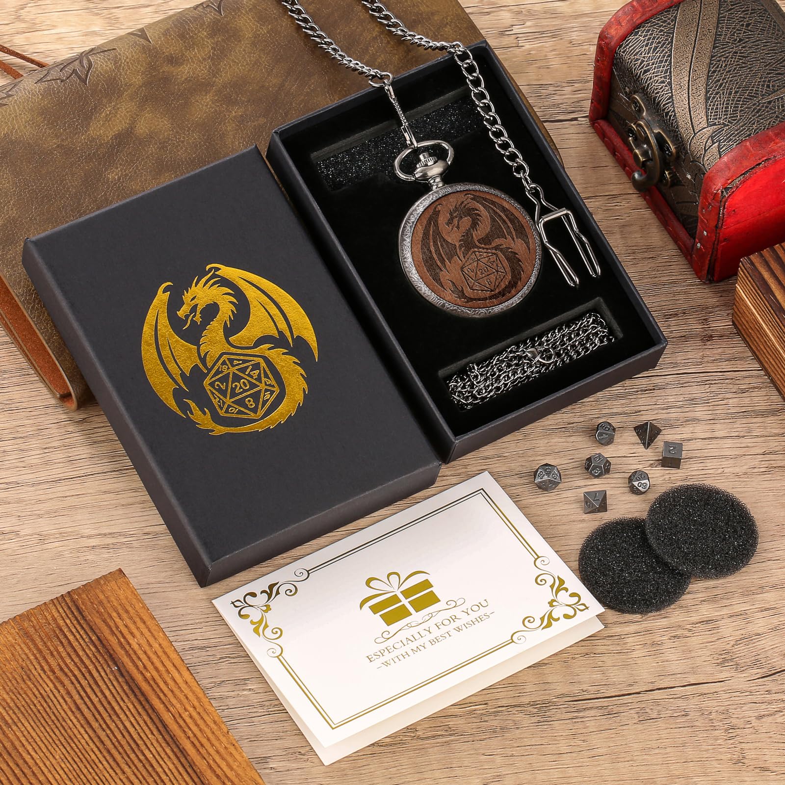 Set di Dadi Mini DND con Custodia per Orologio da Tasca Inciso, 7 pezzi di Dadi Poliedrici D&D in Metallo, Regalo di DND con Scatola Regalo, Accessori per Giochi da Tavolo di Ruolo, Argento Scuro