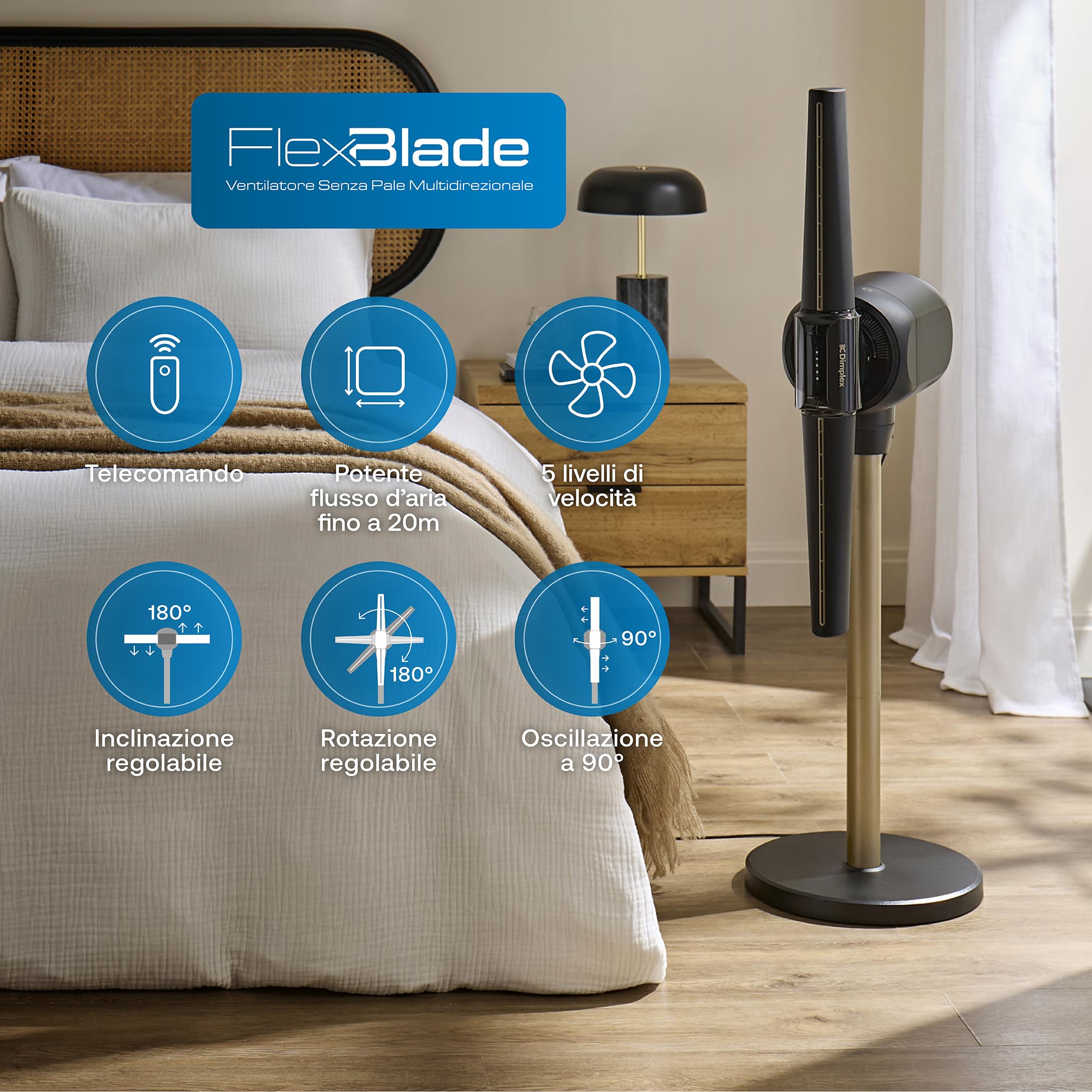Dimplex FlexBlade Ventilatore Senza Pale, Doppia Uscita 2×180°, Oscillante 90°, Portata 20m, Silenzioso (36dB), 5 Velocità, Telecomando Magnetico, Timer | Design senza pale con 2 prese d'aria indipendenti a 180°, 5 livelli, solo 36 dB, timer da 10 ore, to