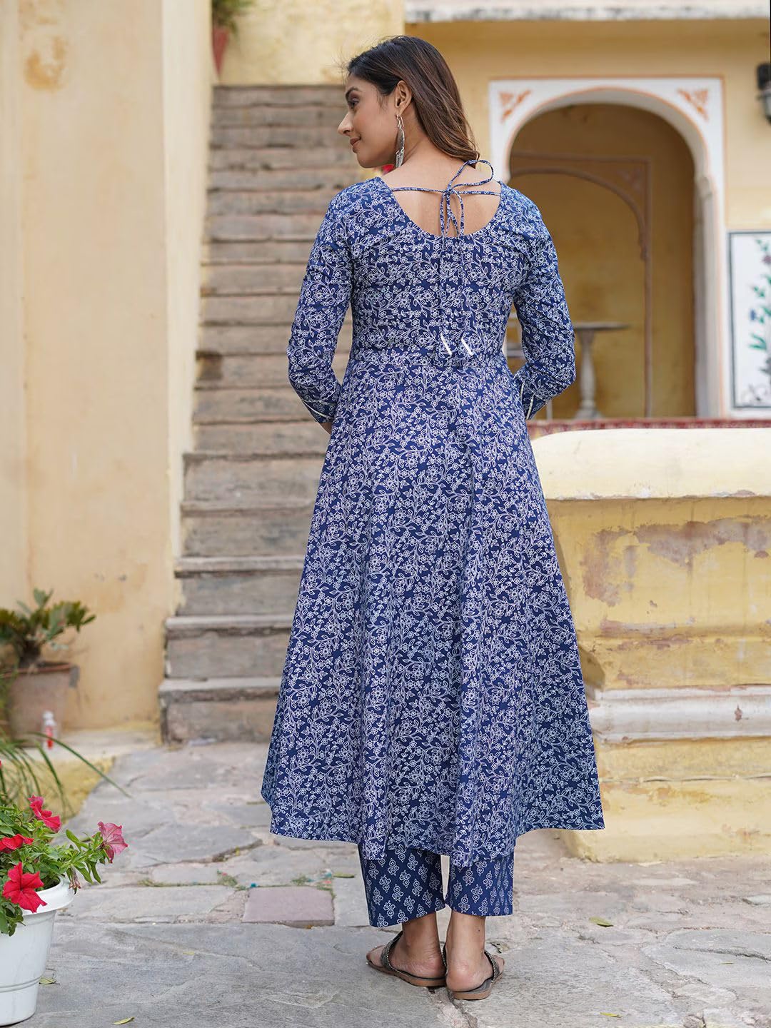 Amayra Rayon Women's Printed Anarkali Kurta with Pant and Dupatta Set(Tck515,Blue,Large)