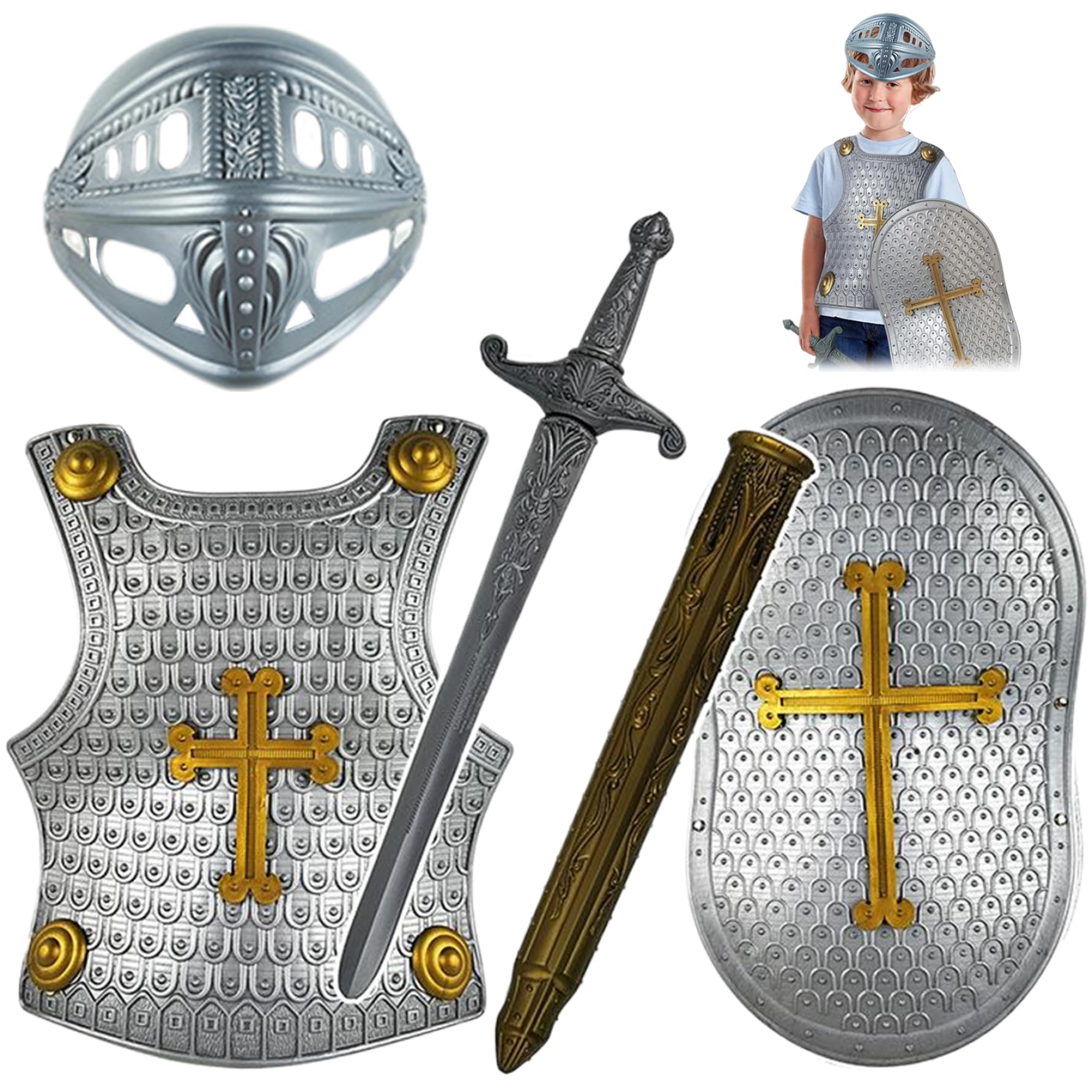 Ritterkostüm für Kinder, 4-teiliges Set mit Kreuzmuster, mittelalterliche Ritterrüstung, inklusive Helm, Schild, Schwert und Kinderkostümen für Rollenspiele, Cosplay, Halloween