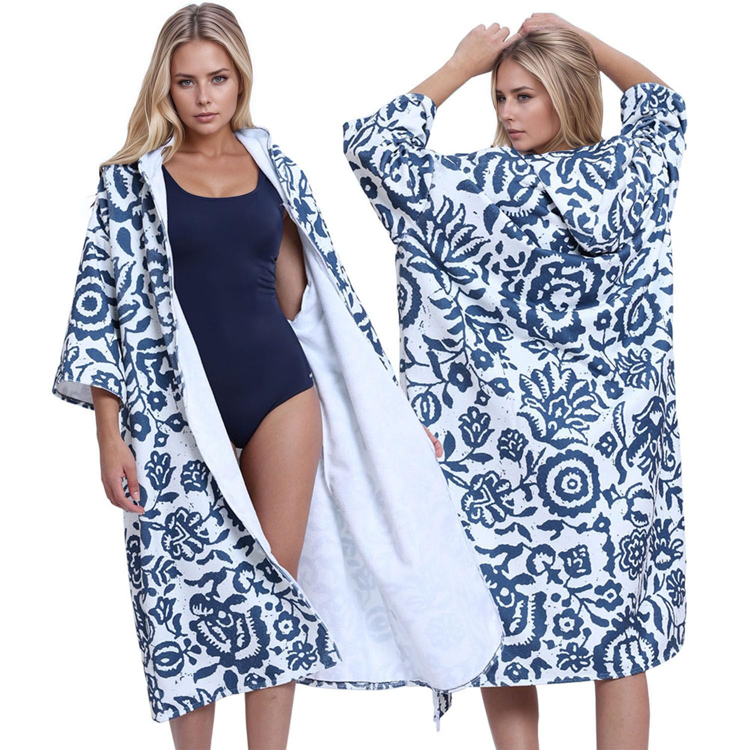 Beach Cover Up Robe Home Outdoor Travel Fashion Hooded Zip Front Bathrobe Tropical Print Swimsuit Cover Up 3