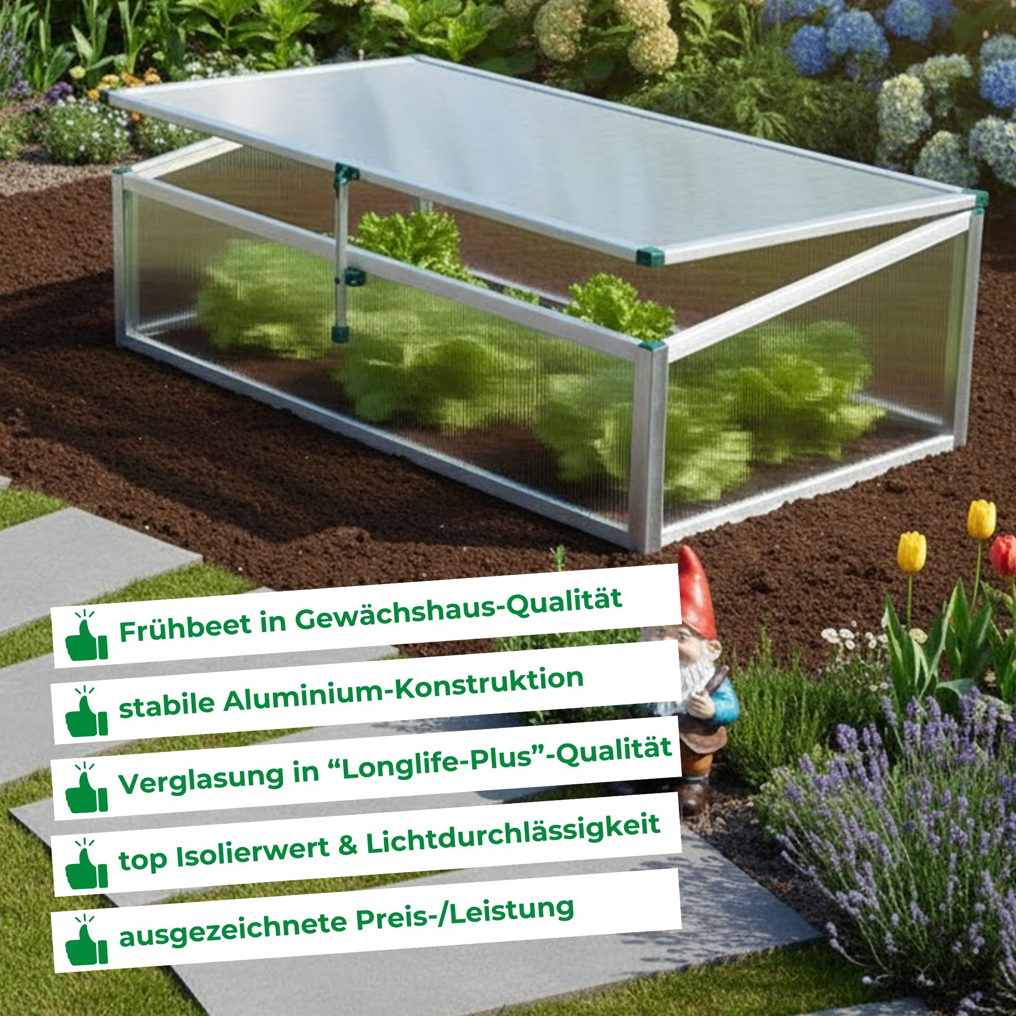 Beckmann Frühbeet Typ Allgäu Modell FSH [10 Jahre Garantie] Hagelfeste 6mm Polycarbonatplatten I Made in Germany I UV-Schutz I Premium Aluminium Mini Gewächshaus I 98x58cm