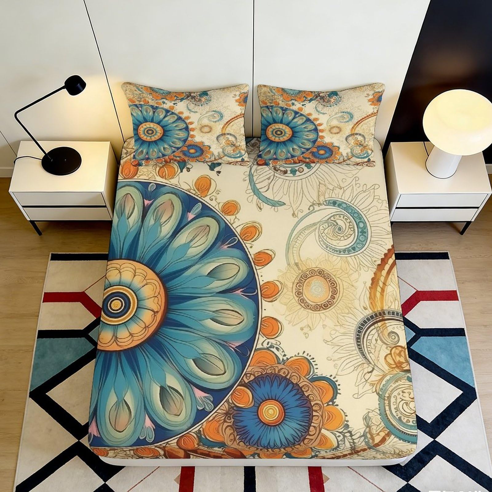 3D Printed Mandala Art Fitted Sheet Microfiber Soft Breathable Boho Paisley Bed Cover for Bedroom Dorm Mattress Protection Decor 160x200x25cm