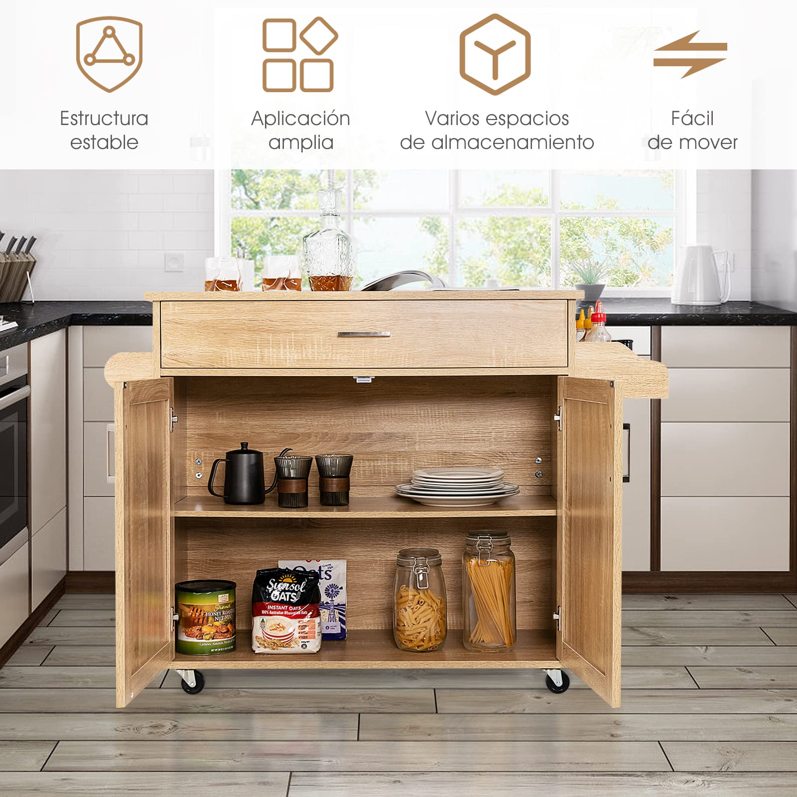 COSTWAY Carrito de Cocina Carro de Servicio Comedor con Ruedas,Toallero,Cajón, Puerta y Estantes Gabinete Mueble de Cocina (Natural)