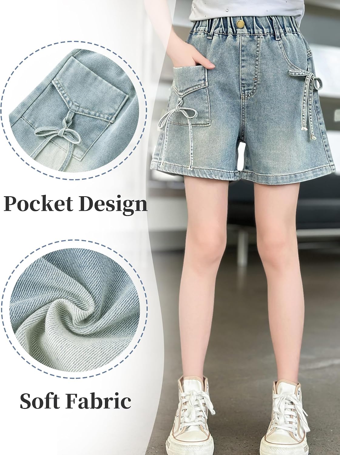 Happy Cherry Kid Girls Denim Shorts Summer Elastic High Waist Pull On Midi/Mini Jeans Shorts 5-14Y